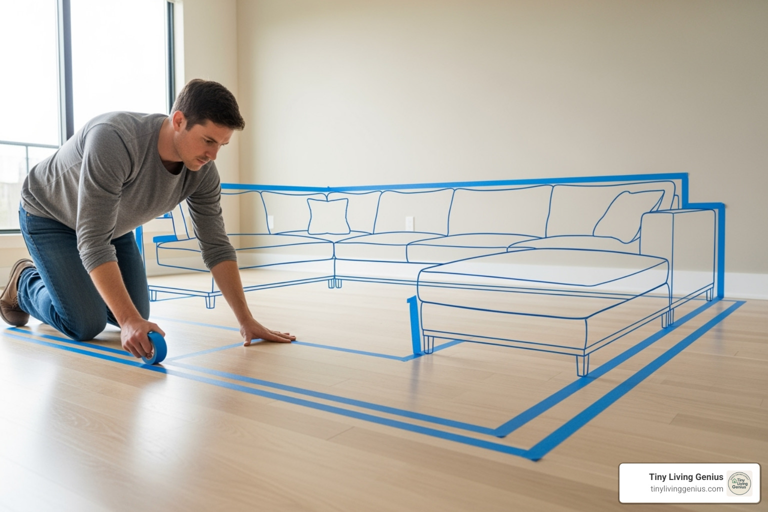 person using painter's tape to map out a sofa's footprint on the floor - small couches for small spaces