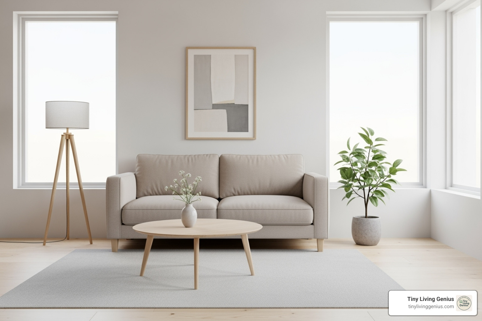 minimalist living room with a small, neutral-colored couch - small couches for small spaces
