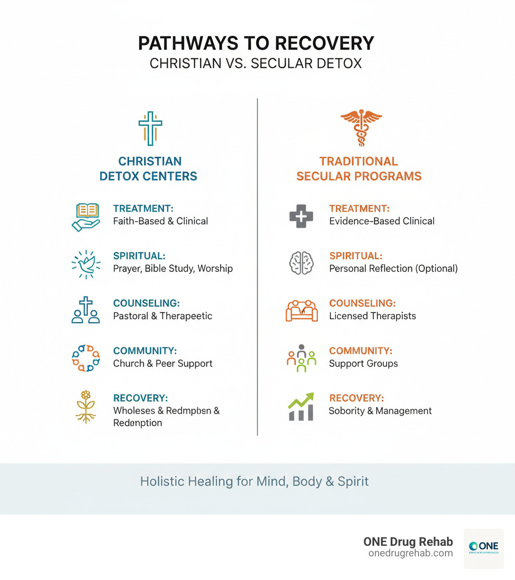 Detailed comparison infographic showing Christian detox centers versus traditional secular detox programs, highlighting key differences in treatment approach, spiritual components, counseling methods, community support, and recovery philosophy - christian detox centers near me infographic 