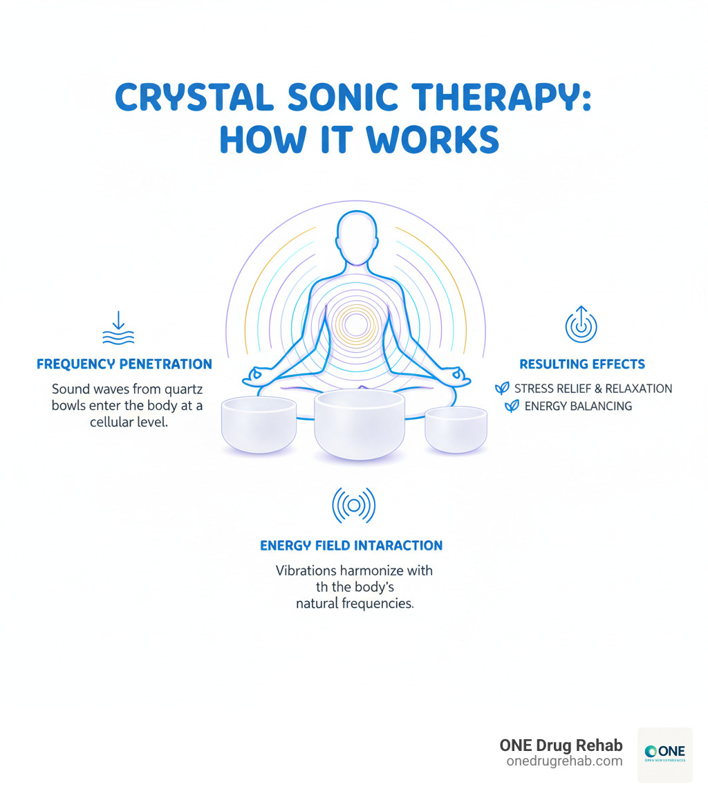 Infographic explaining the basic concept of how sound vibrations from crystal bowls interact with the body's energy field, showing sound waves emanating from quartz bowls and interacting with a person's body and energy field, including frequency penetration, energy field interaction, and resulting effects like stress relief and relaxation - crystal sonic therapy infographic Infographic explaining the basic concept of how sound vibrations from crystal bowls interact with the body's energy field, showing sound waves emanating from quartz bowls and interacting with a person's body and energy field, including frequency penetration, energy field interaction, and resulting effects like stress relief and relaxation - crystal sonic therapy infographic