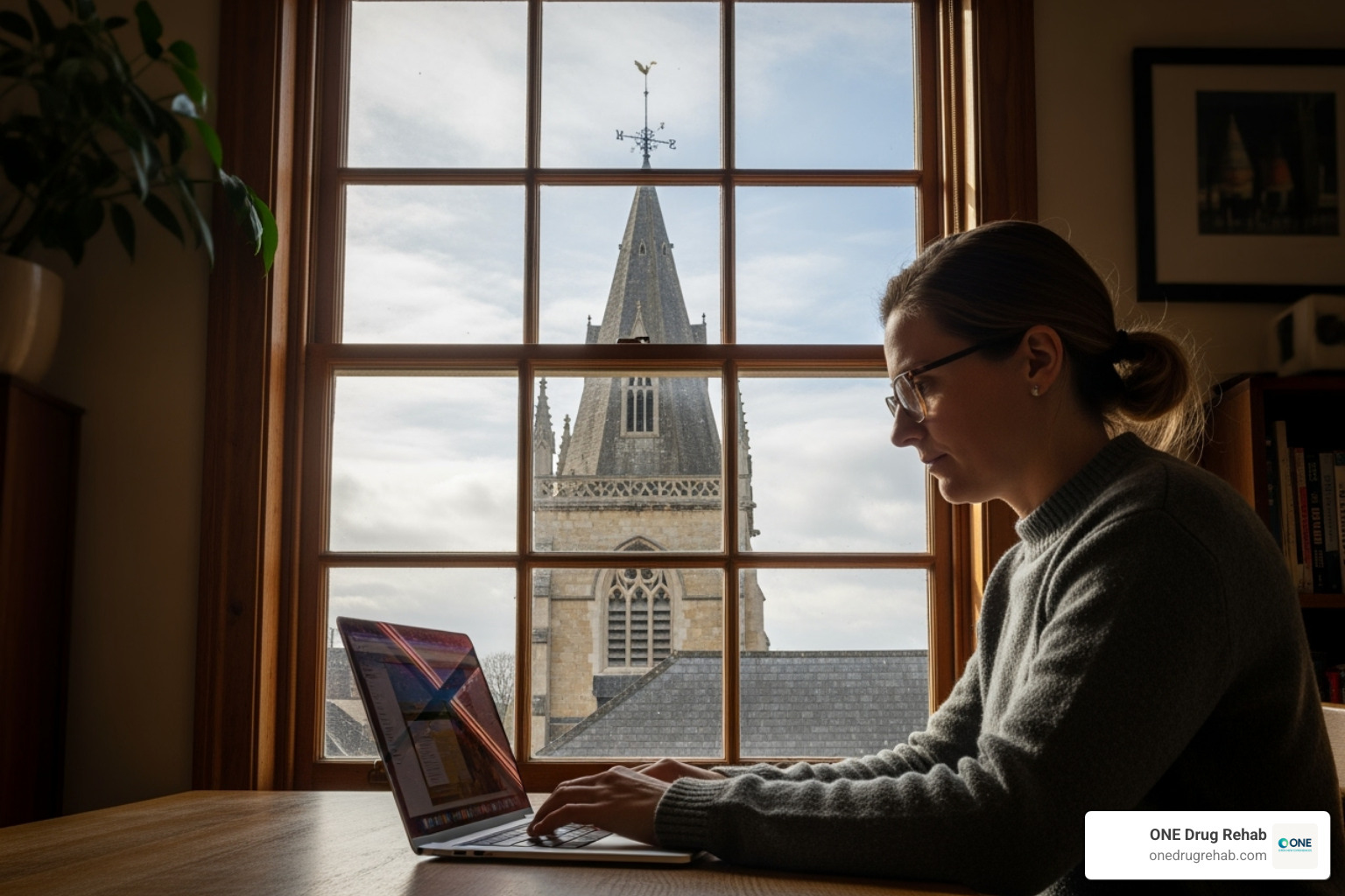 person using a laptop to search for rehab centers, with a church steeple visible through a window - christian detox centers near me