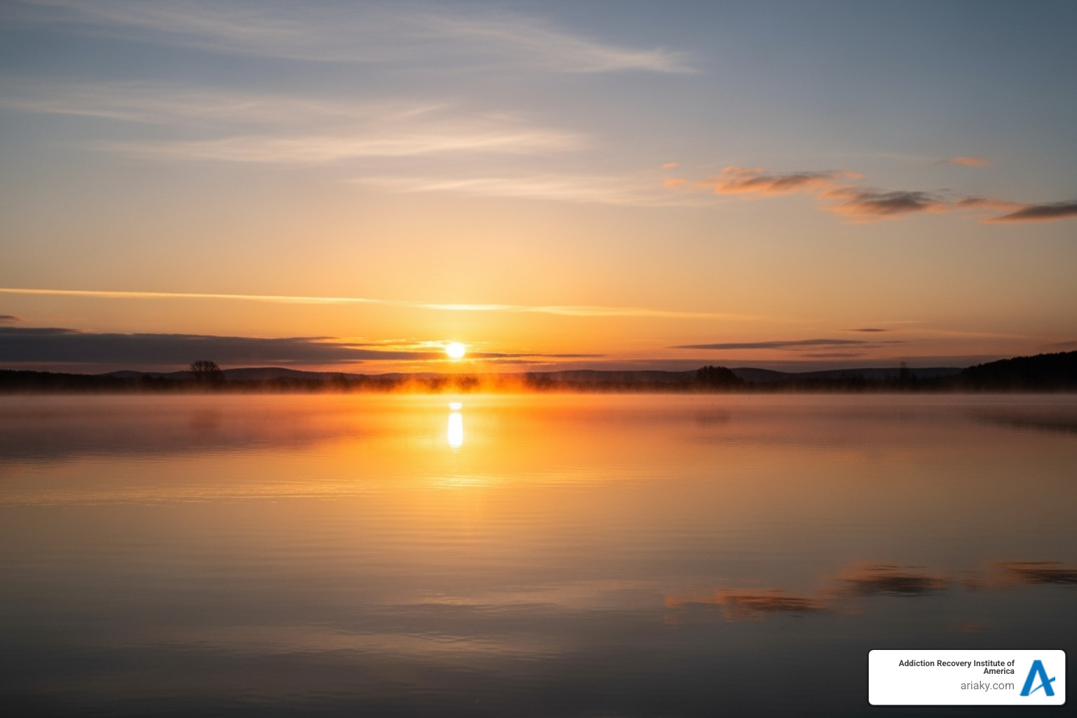 A serene image of a sunrise over a calm body of water, symbolizing new beginnings and hope in recovery - rehabs louisville ky