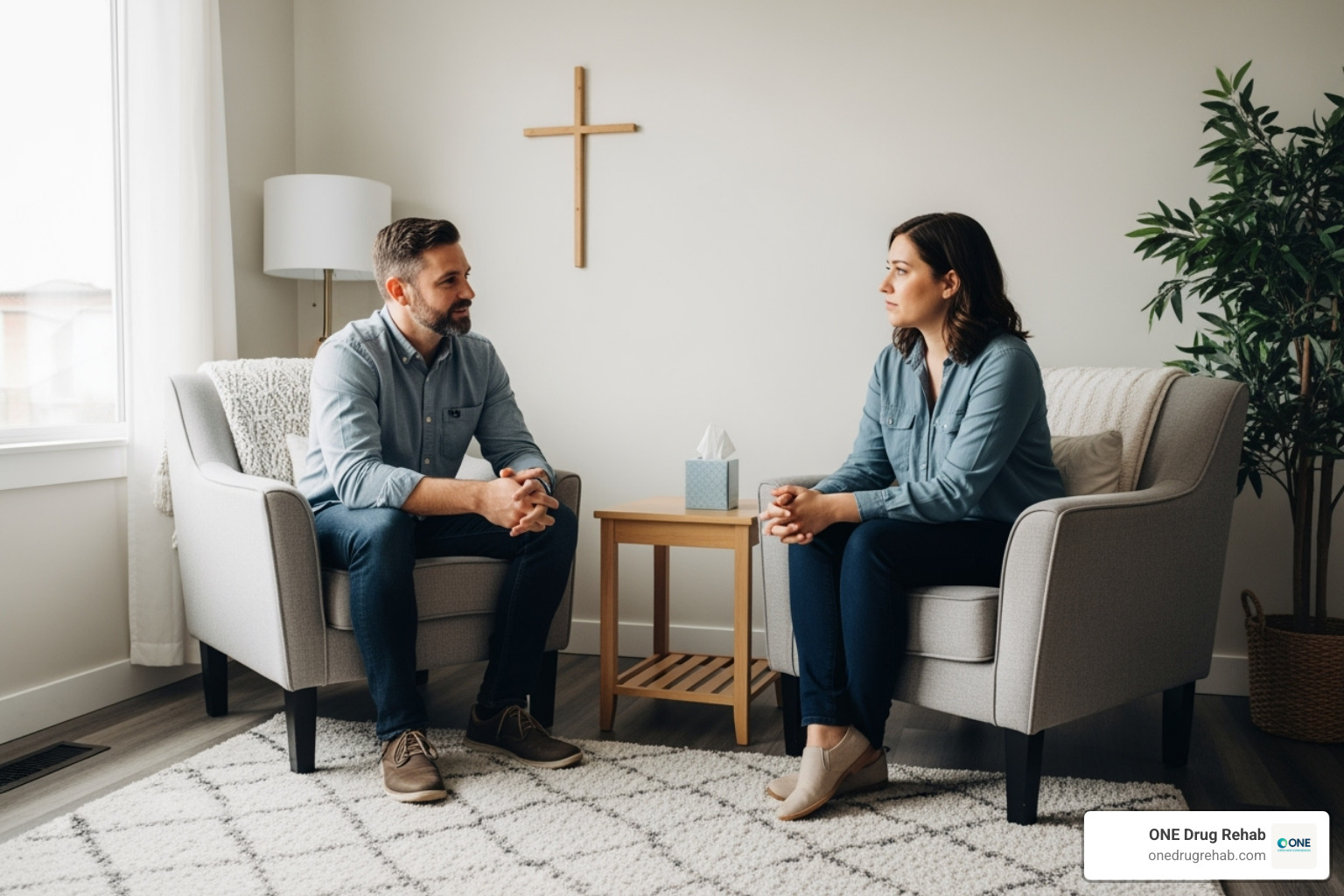 counseling session in a comfortable, non-clinical room with a cross on the wall - christian detox centers near me