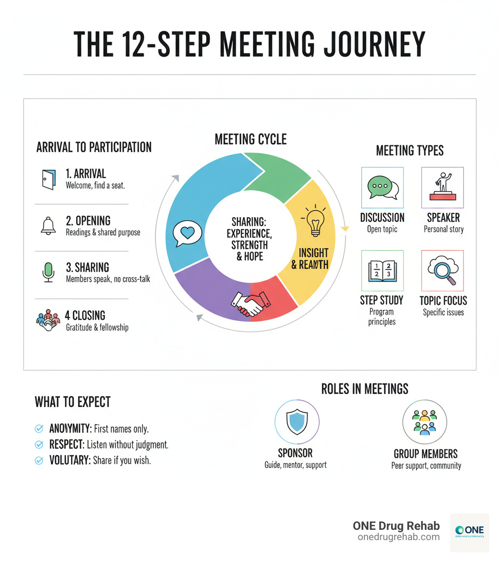 Comprehensive infographic showing the 12-step meeting process from arrival to participation, including meeting types, what to expect, roles of sponsors and group members, and the cycle of sharing experience strength and hope - 12 step meetings infographic Comprehensive infographic showing the 12-step meeting process from arrival to participation, including meeting types, what to expect, roles of sponsors and group members, and the cycle of sharing experience strength and hope - 12 step meetings infographic