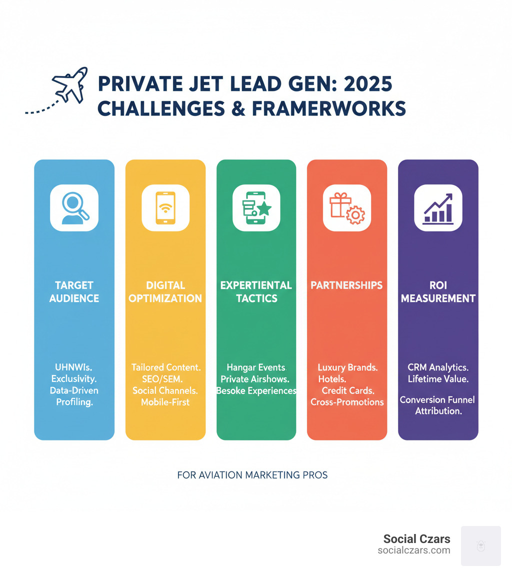 Comprehensive breakdown of private jet lead generation challenges including target audience identification, digital channel optimization, experiential marketing tactics, partnership opportunities, and ROI measurement frameworks for aviation marketing professionals - private jet lead generation infographic 