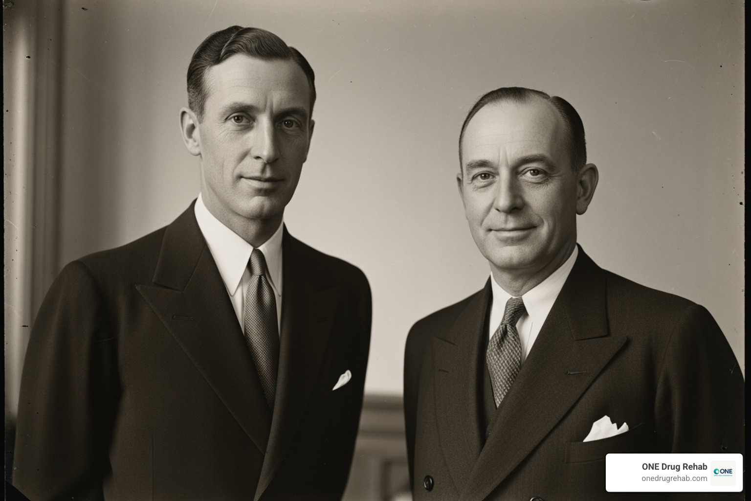 A vintage photo of Bill Wilson and Dr. Bob Smith, founders of Alcoholics Anonymous, standing together - 12 step meetings A vintage photo of Bill Wilson and Dr. Bob Smith, founders of Alcoholics Anonymous, standing together - 12 step meetings