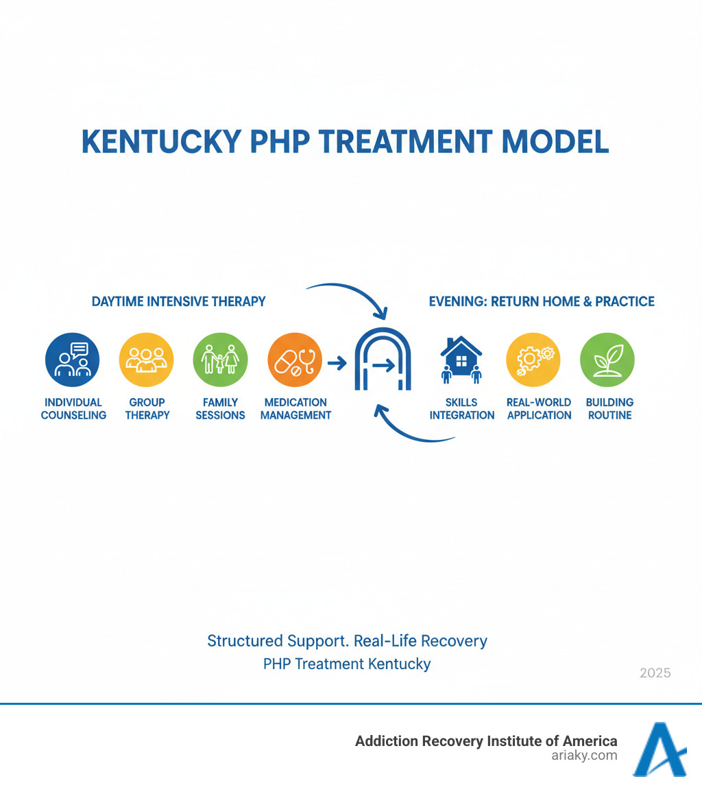 Infographic showing PHP treatment model with daytime intensive therapy sessions including individual counseling, group therapy, family sessions, and medication management, followed by evening return home to practice skills in real-world setting - PHP treatment Kentucky infographic 