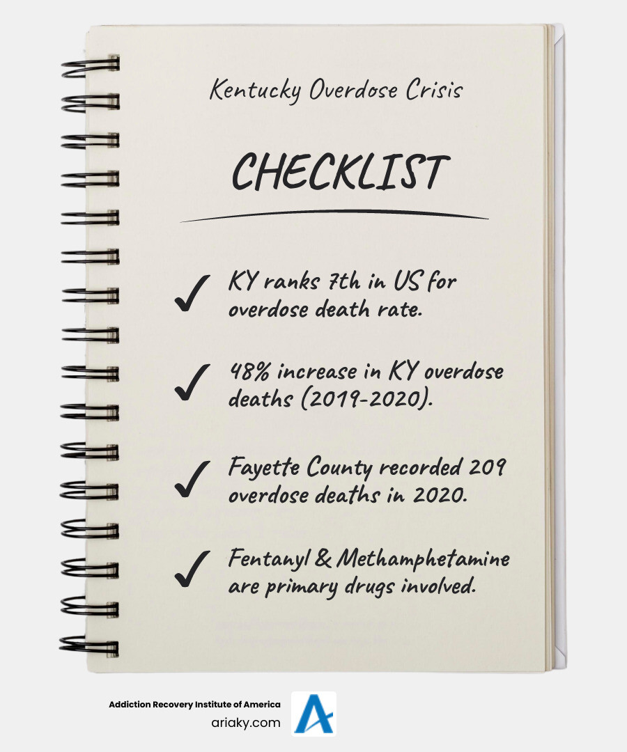 Infographic showing Kentucky drug overdose death statistics from 2019-2020, highlighting the 48% increase and breakdown by substance type including fentanyl and methamphetamine trends in Fayette County - drug rehab centers in lexington ky infographic checklist-notebook