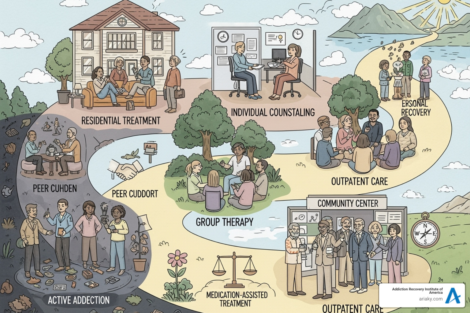 Illustration of various treatment modalities and levels of care in addiction recovery - drug rehab centers in lexington ky