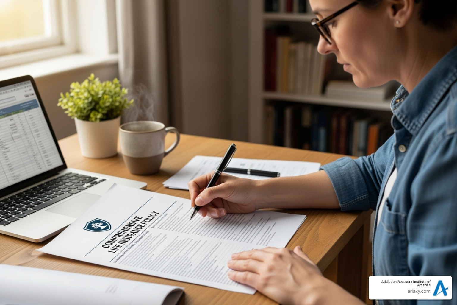 A person sitting at a desk, reviewing a document that looks like an insurance policy, with a pen in hand - drug rehab centers in lexington ky