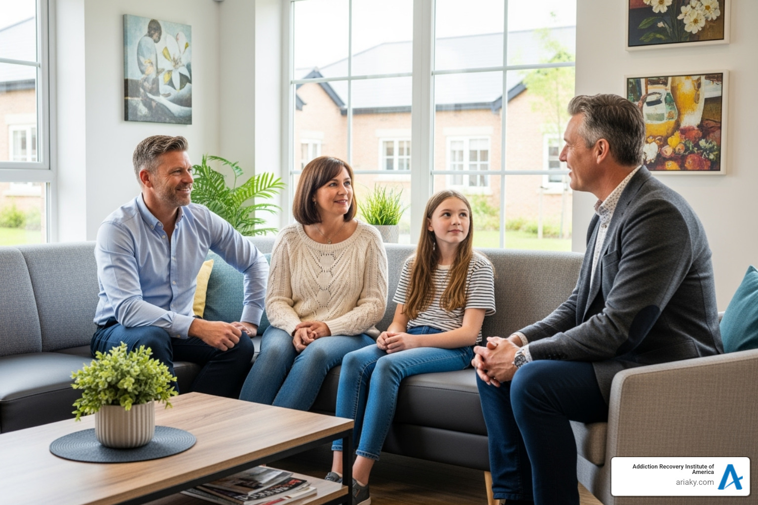 A family (two adults and an older child) sitting comfortably in a facility's lounge area, engaged in a warm conversation with a friendly facility director. - residential care Kentucky