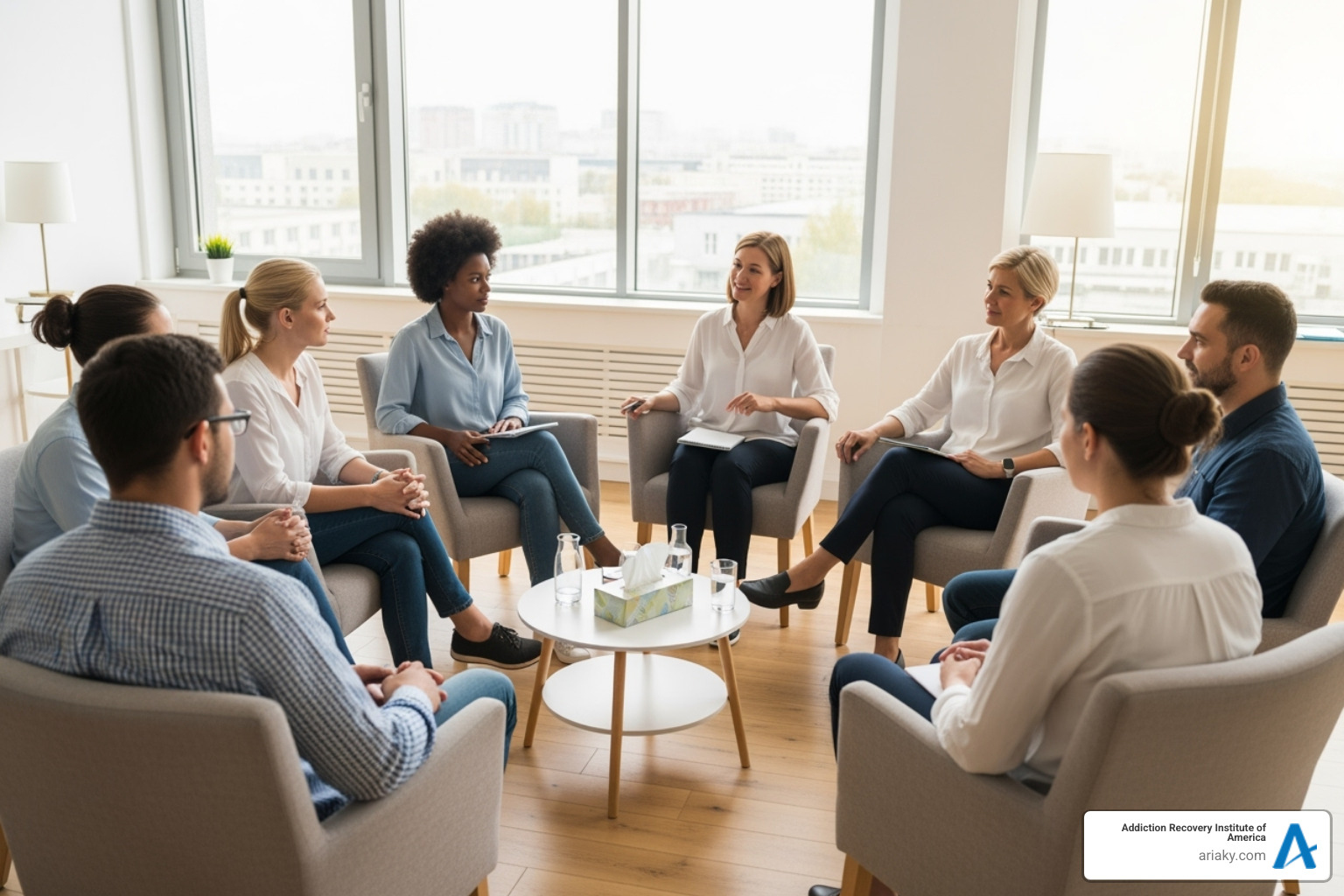 A group therapy session in a bright, modern room, with diverse individuals actively participating and listening to a therapist. - residential care Kentucky