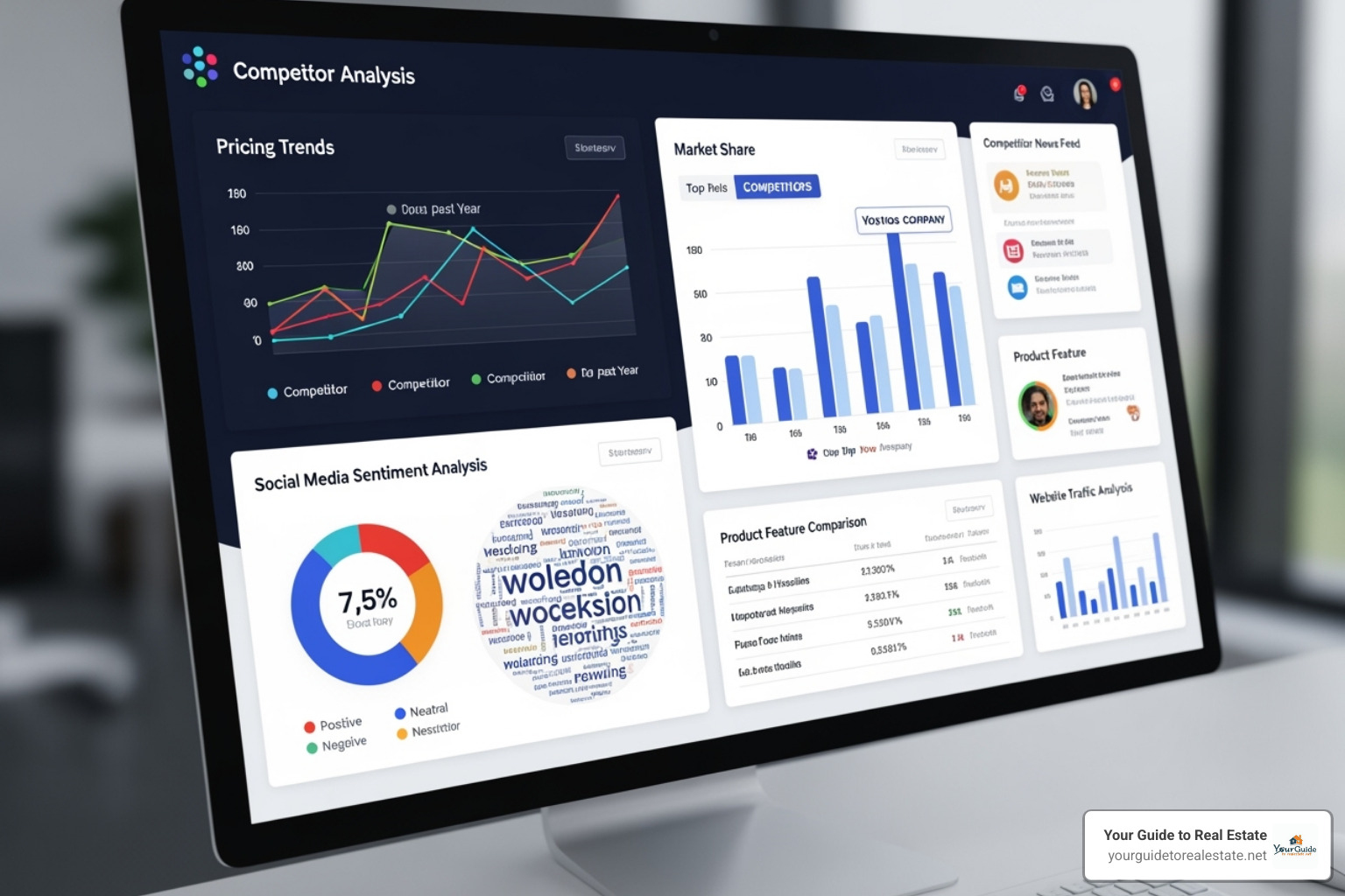 business dashboard showing competitor metrics like pricing, social media sentiment, and market share - competitor analysis ai