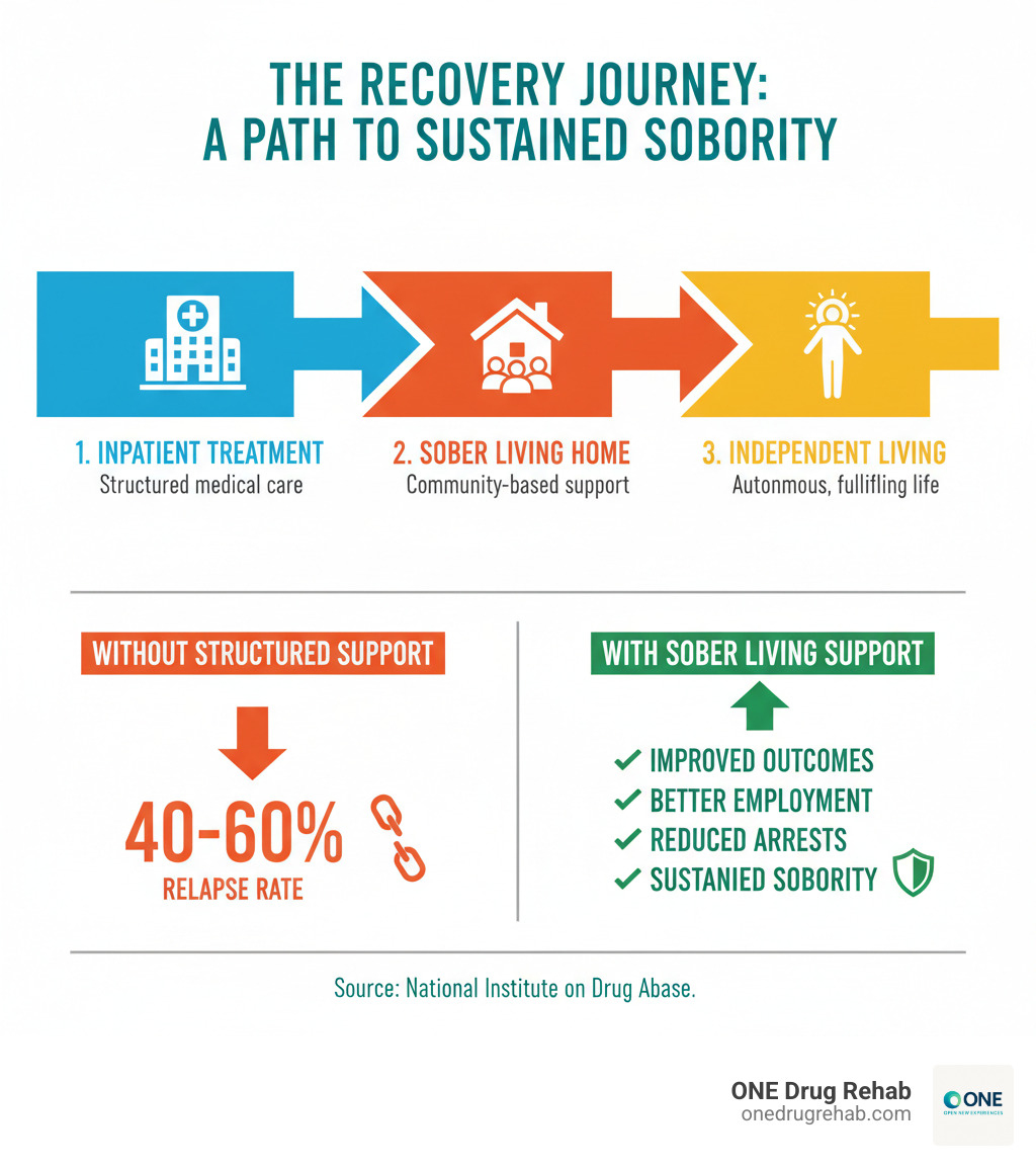 Infographic showing the recovery journey progression from inpatient addiction treatment facility to sober living home to independent living, with statistics showing 40-60% relapse rates without structured support and improved outcomes including better employment, reduced arrests, and sustained sobriety for sober living residents - coed halfway houses infographic 