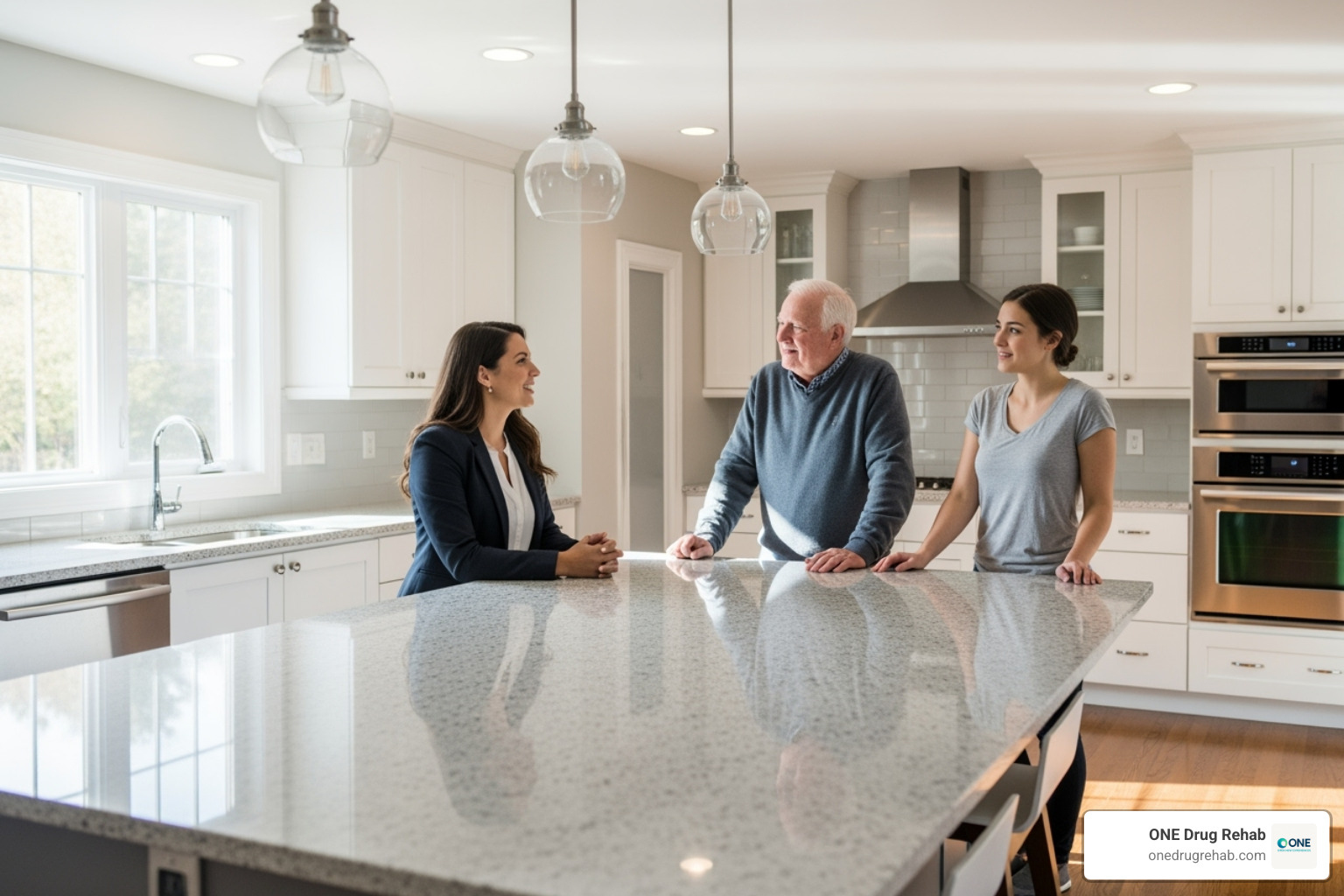 of a house manager talking with two residents in a kitchen - coed halfway houses