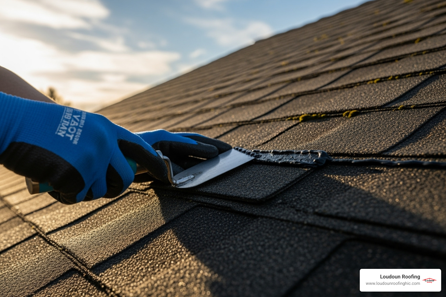 A person wearing safety gloves and using a trowel to apply sealant under a shingle - roofing tar on shingles
