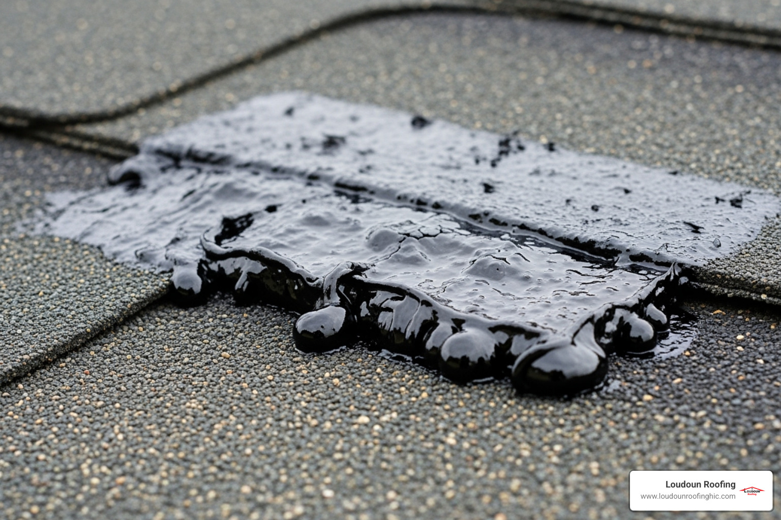 A messy, improperly applied tar patch on a roof - roofing tar on shingles