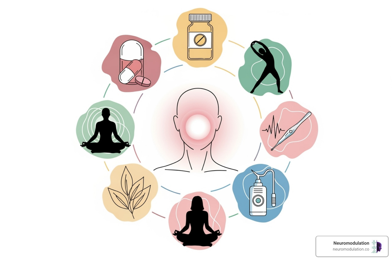 A patient figure at the center, surrounded by icons representing various pain therapy options like medication, physical therapy, mindfulness, interventional procedures, and complementary treatments - European pain management