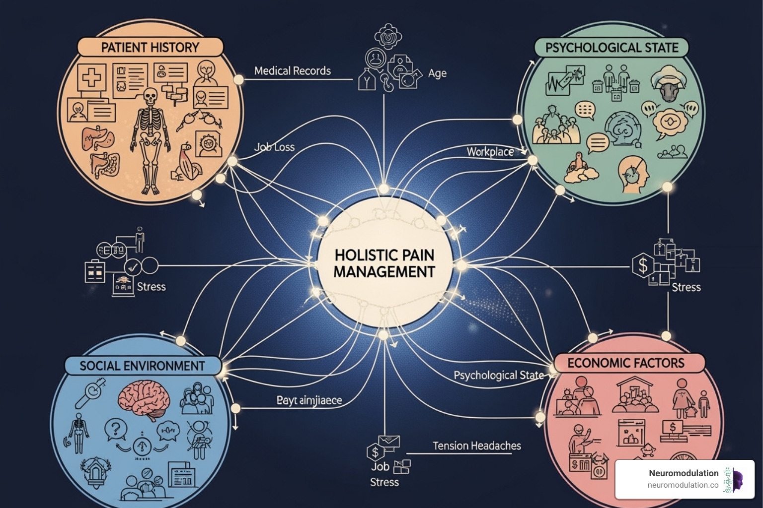 Complex diagram illustrating interconnected factors in pain management, including patient history, physical, psychological, social, and economic aspects - European pain management