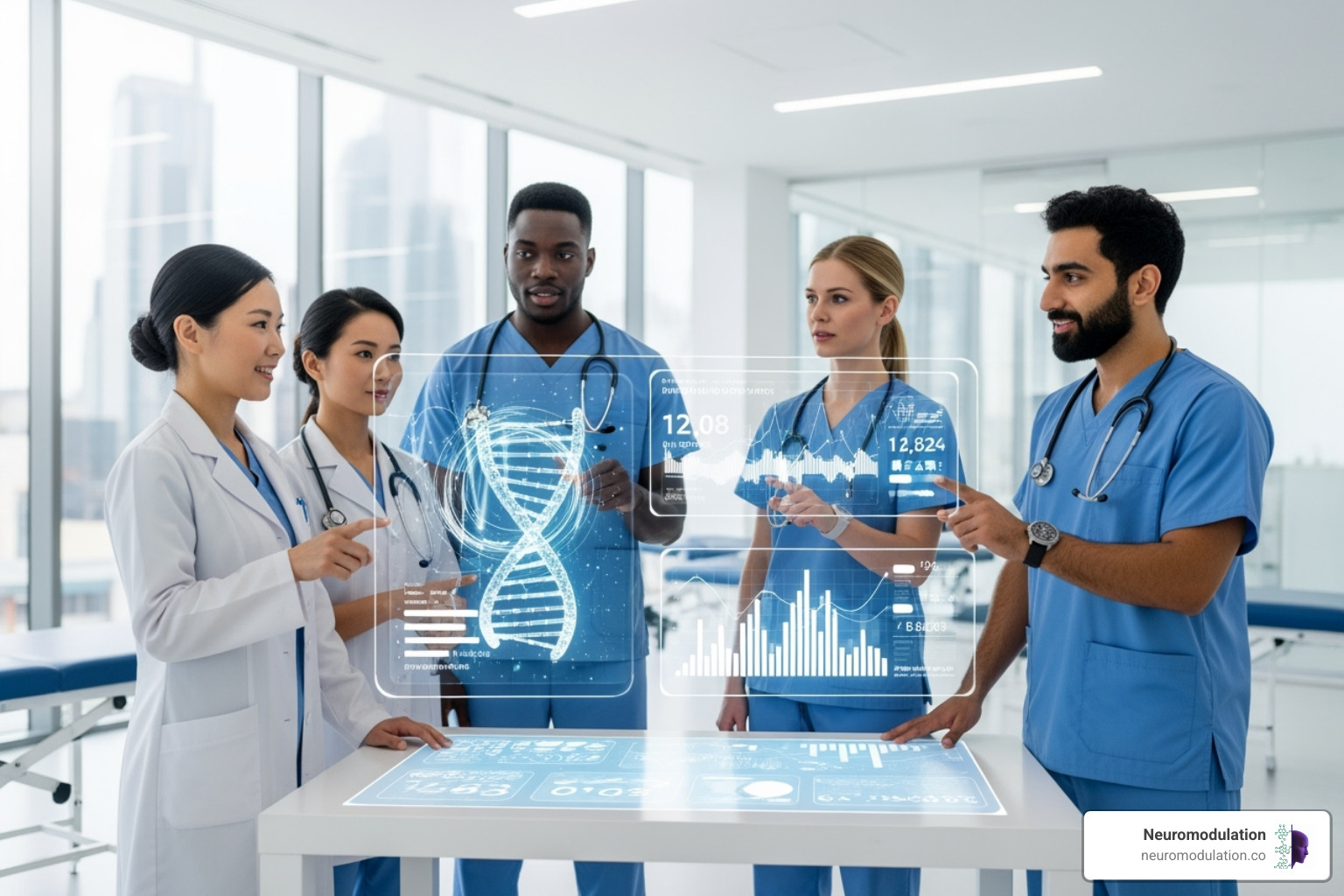 Future trends in pain management, illustrating personalized medicine, digital health integration, and multidisciplinary care teams - European pain management