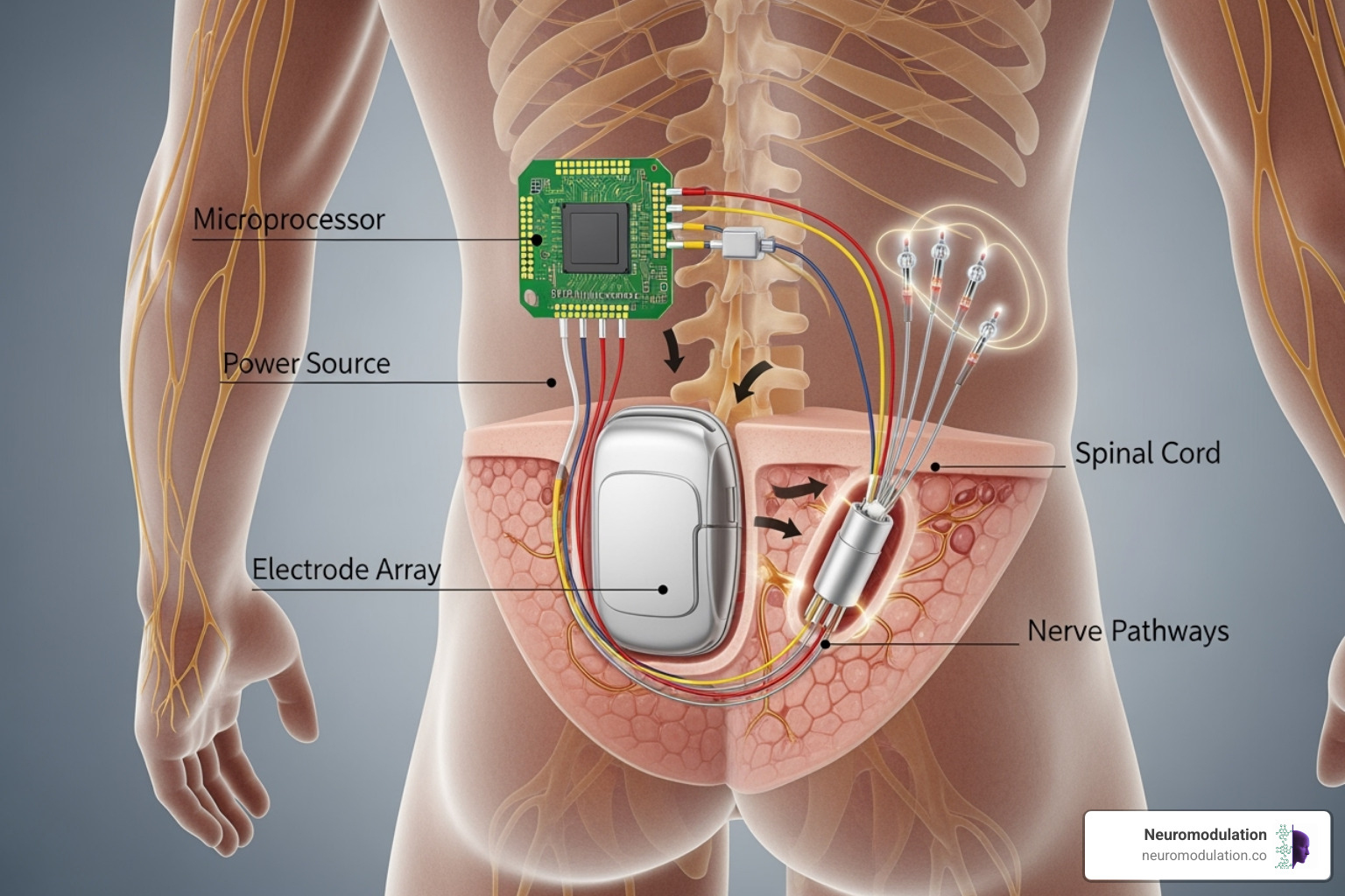 Neuromodulation device illustration, showing internal components and external placement on the body for various pain conditions - European pain management