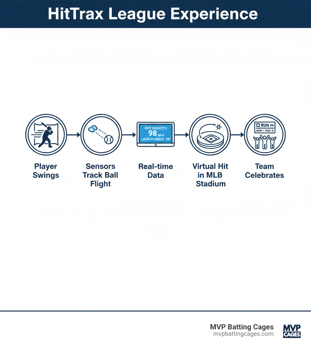 Infographic showing the HitTrax league experience: player swings bat in cage, sensors track ball flight, data appears on screen showing exit velocity and launch angle, virtual hit lands in MLB stadium, team celebrates as run scores on digital scoreboard - hittrax leagues infographic 