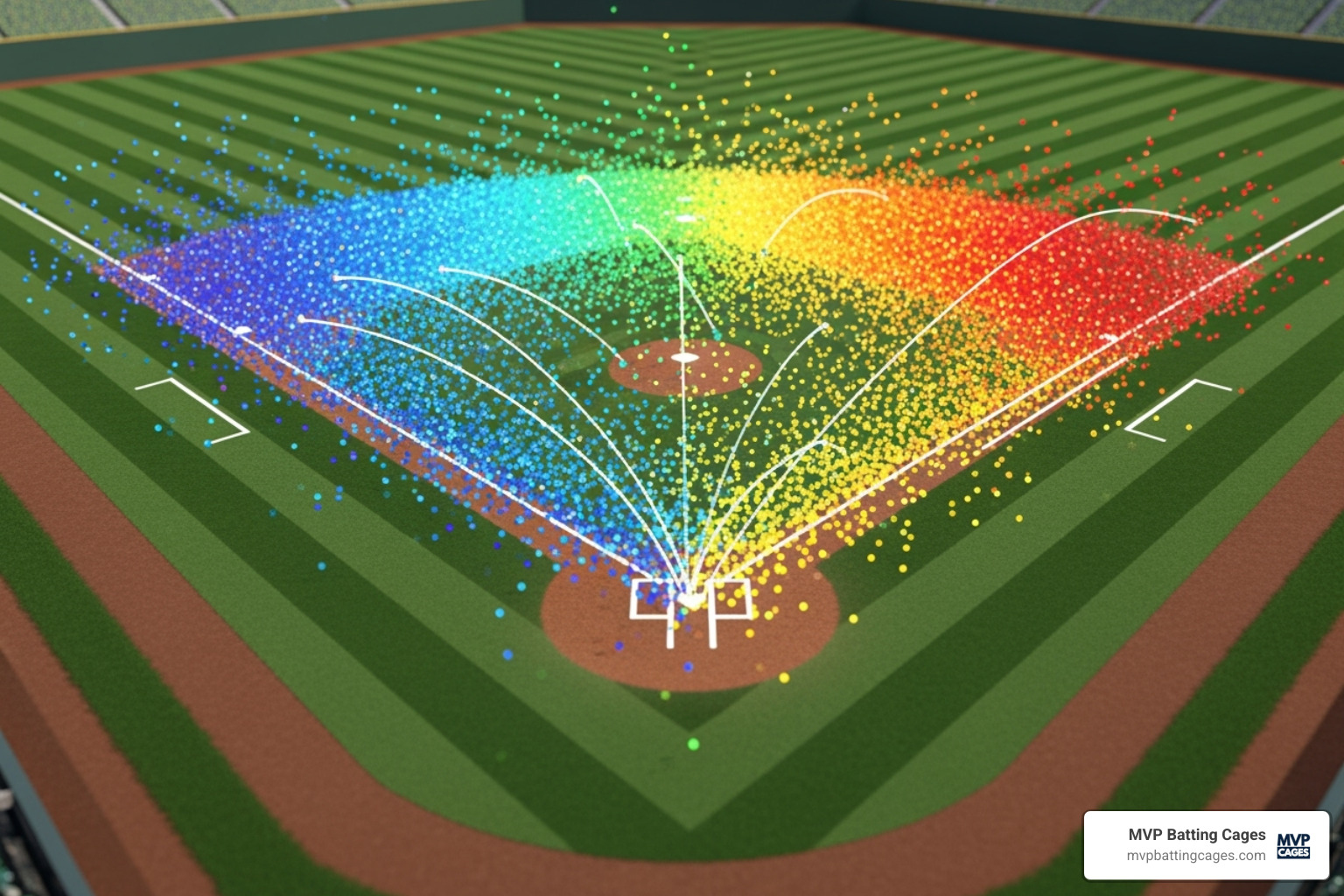 HitTrax spray chart displaying a player's hitting patterns across a baseball field, highlighting areas of consistent contact and power. - hittrax leagues
