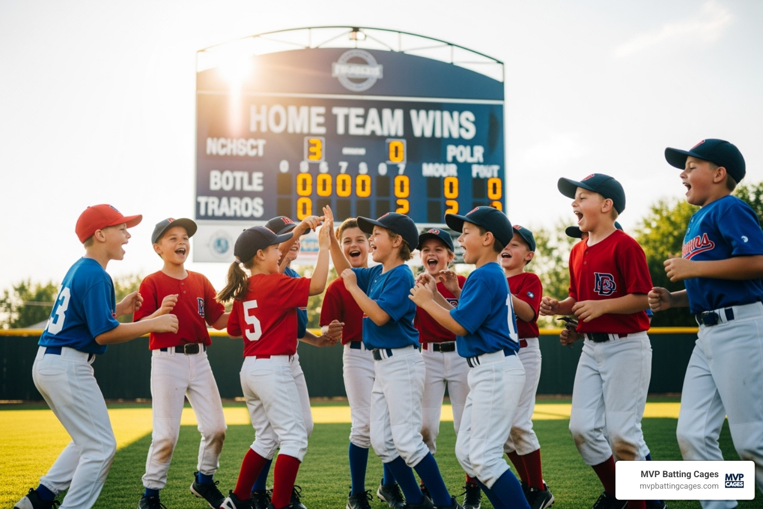 A HitTrax league team celebrating their victory with high-fives and smiles in front of a large screen displaying their game results. - hittrax leagues
