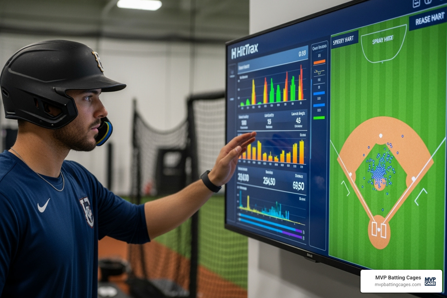 A baseball player intently analyzing their HitTrax data on a large screen, showing metrics and a spray chart. - hittrax leagues