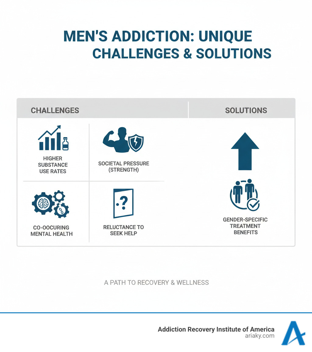 Infographic showing men's unique addiction challenges including higher substance use rates, societal pressure to appear strong, reluctance to seek help, co-occurring mental health issues, and the benefits of gender-specific treatment environments - Men's drug rehab infographic 