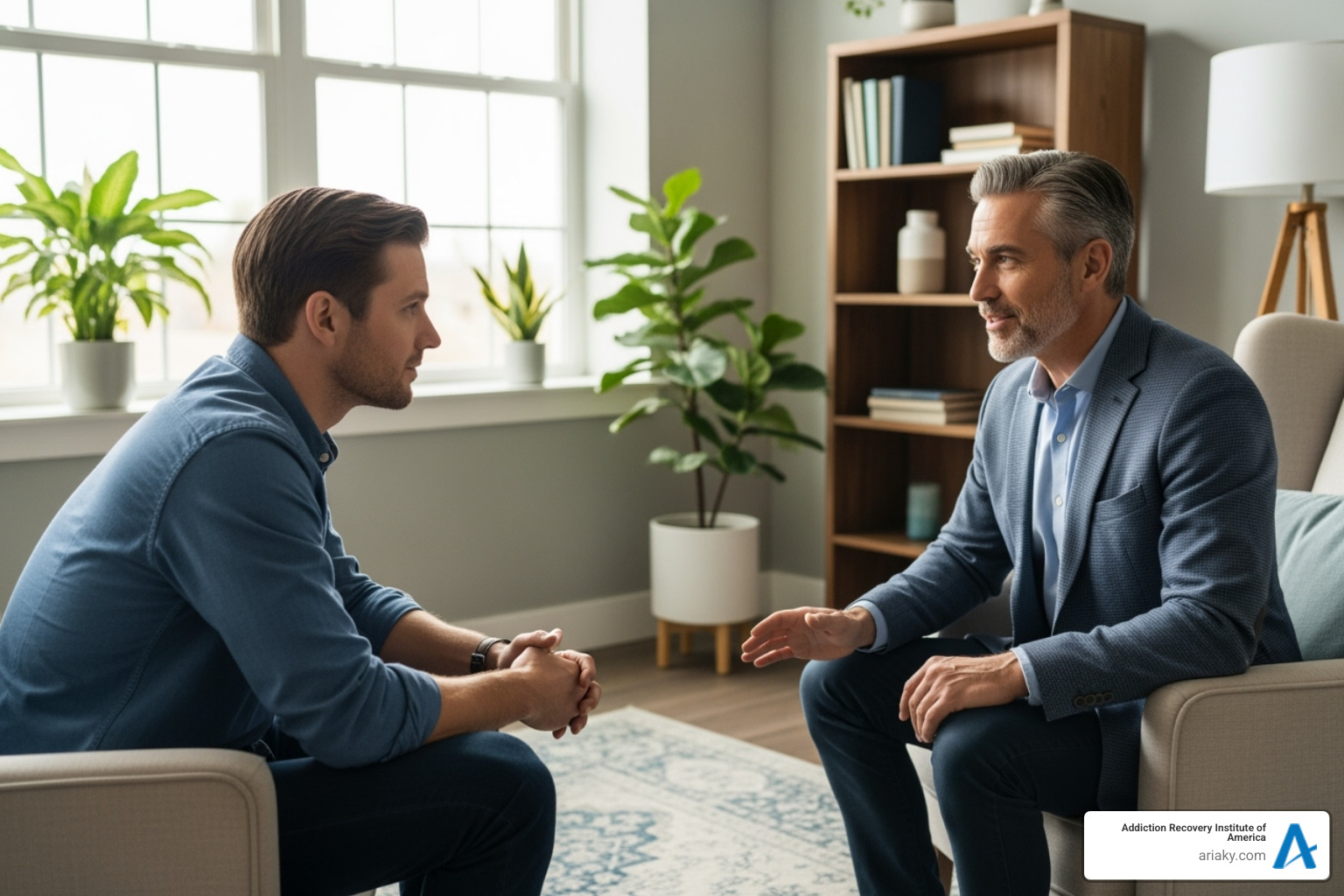 Counselor and patient in a one-on-one session - Men's drug rehab