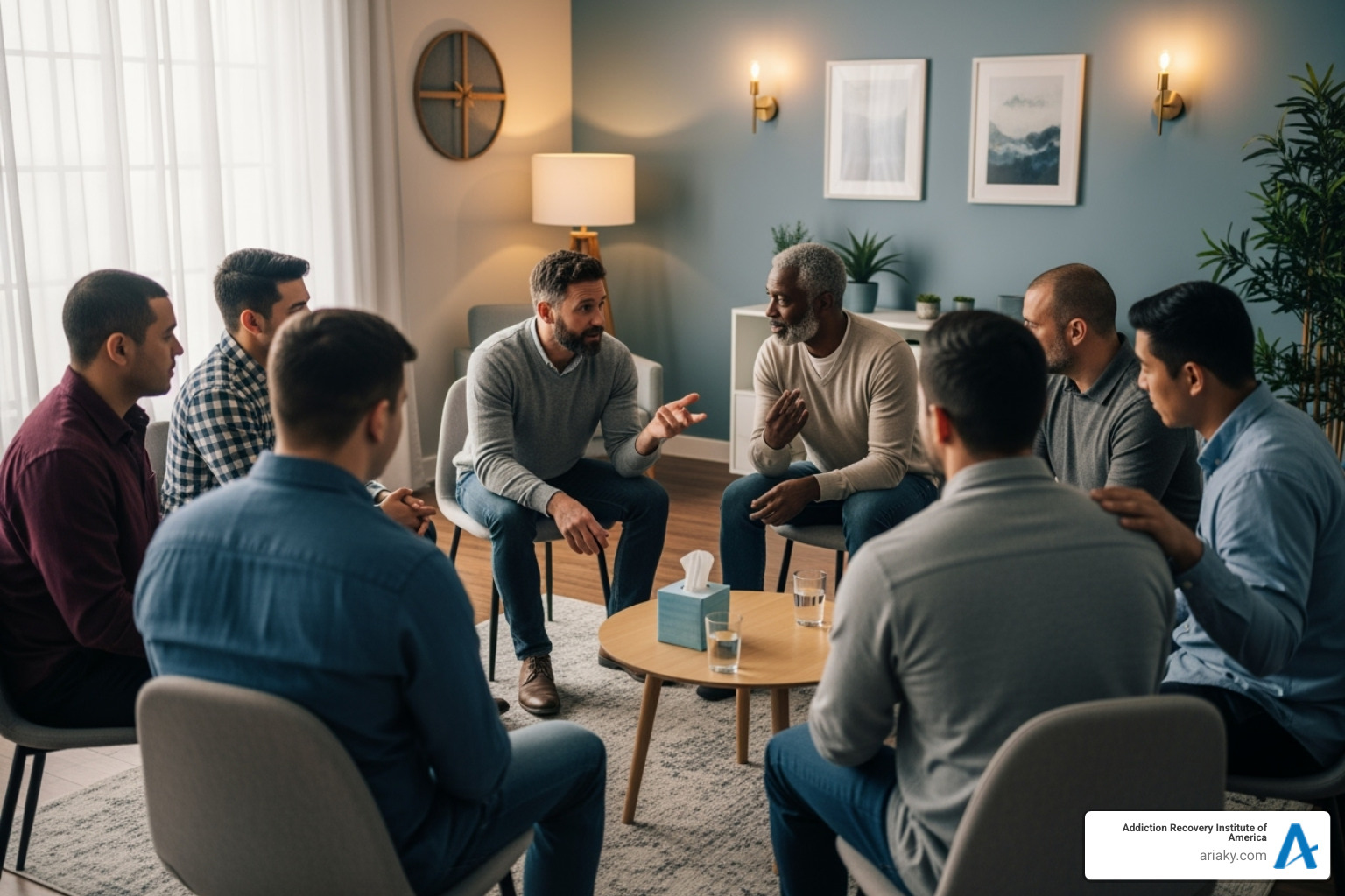 Supportive group of men in a therapy circle - Men's drug rehab
