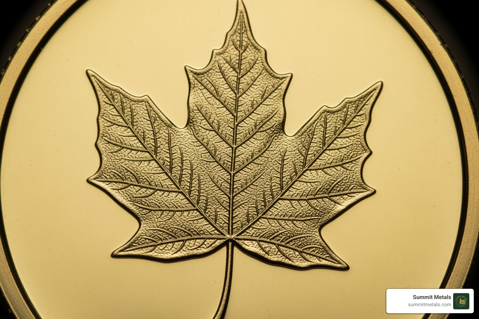 micro-engraved maple leaf security feature under magnification - 1 oz canada maple leaf gold coin