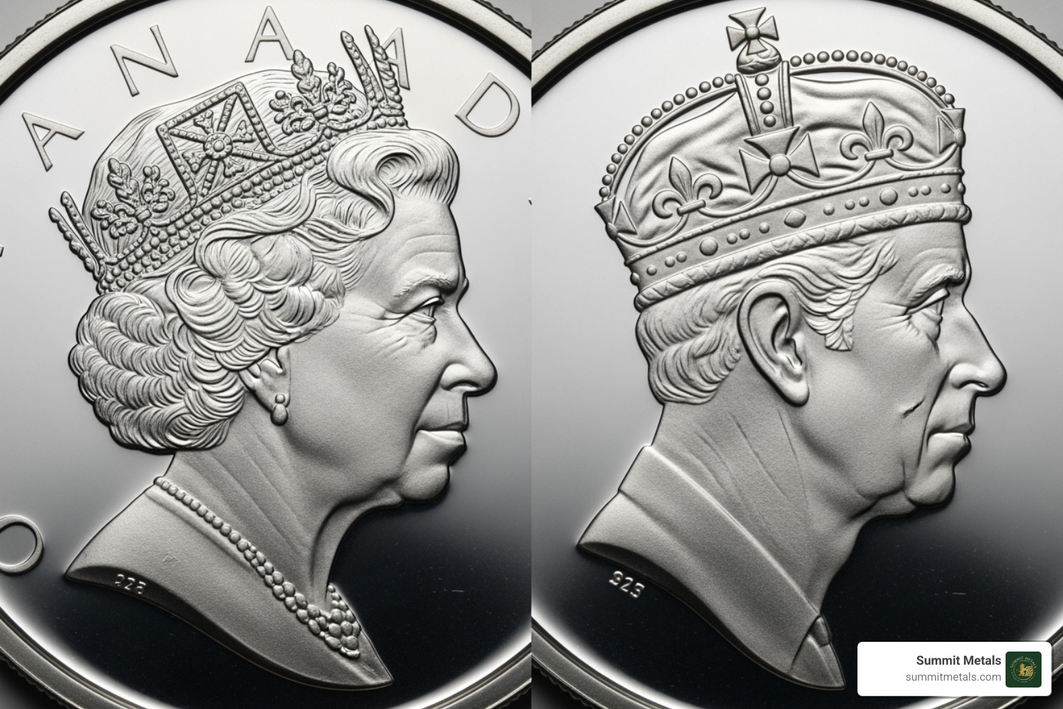 Comparison of Queen Elizabeth II effigy with King Charles III effigy - 2025 1 oz gold maple leaf coin Comparison of Queen Elizabeth II effigy with King Charles III effigy - 2025 1 oz gold maple leaf coin
