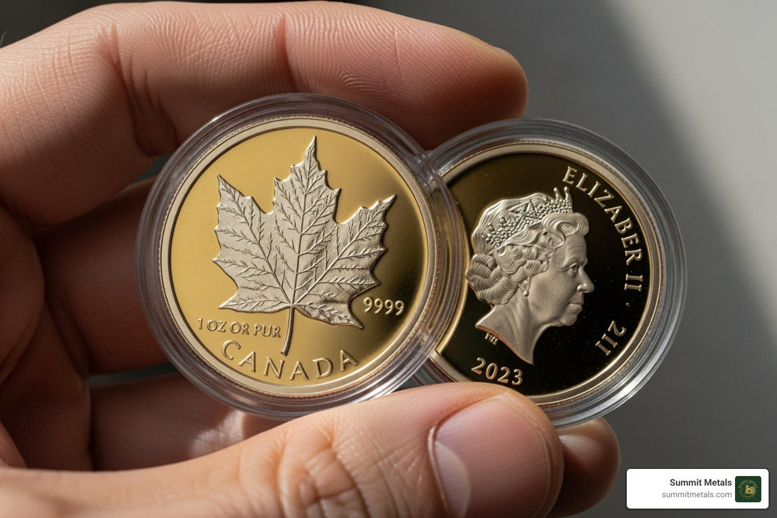 a person holding a Gold Maple Leaf coin in a protective capsule - 1 oz canada maple leaf gold coin