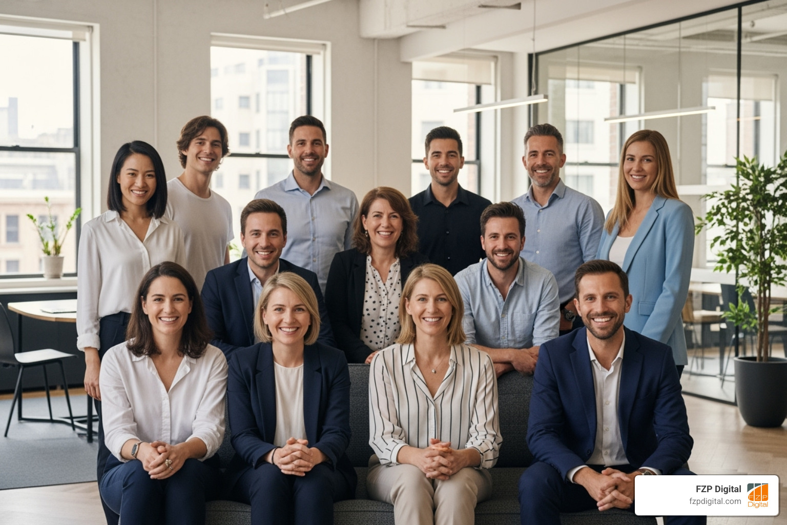 A vibrant and inviting team photo of the FZP Digital staff, all smiling genuinely and looking approachable, set against a bright, modern office background - graphic design companies in philadelphia