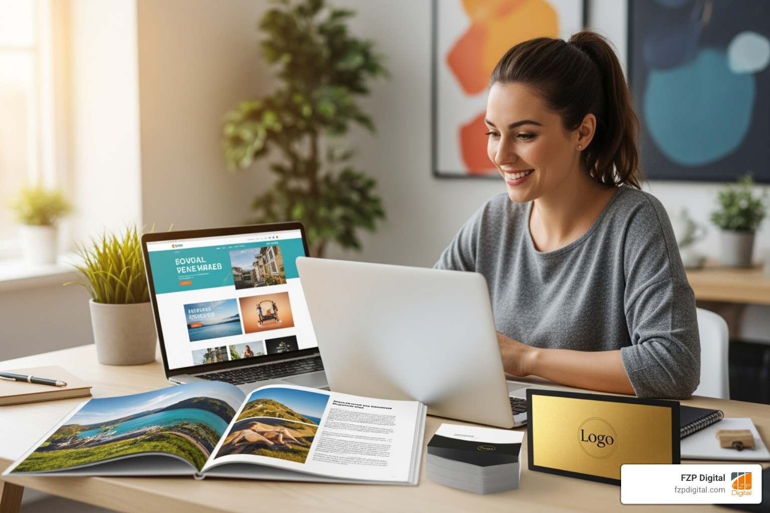 A graphic illustrating various design elements: a sleek logo, a vibrant brochure, and a modern website mockup displayed on a computer screen, all working together to form a cohesive brand identity - graphic design companies in philadelphia