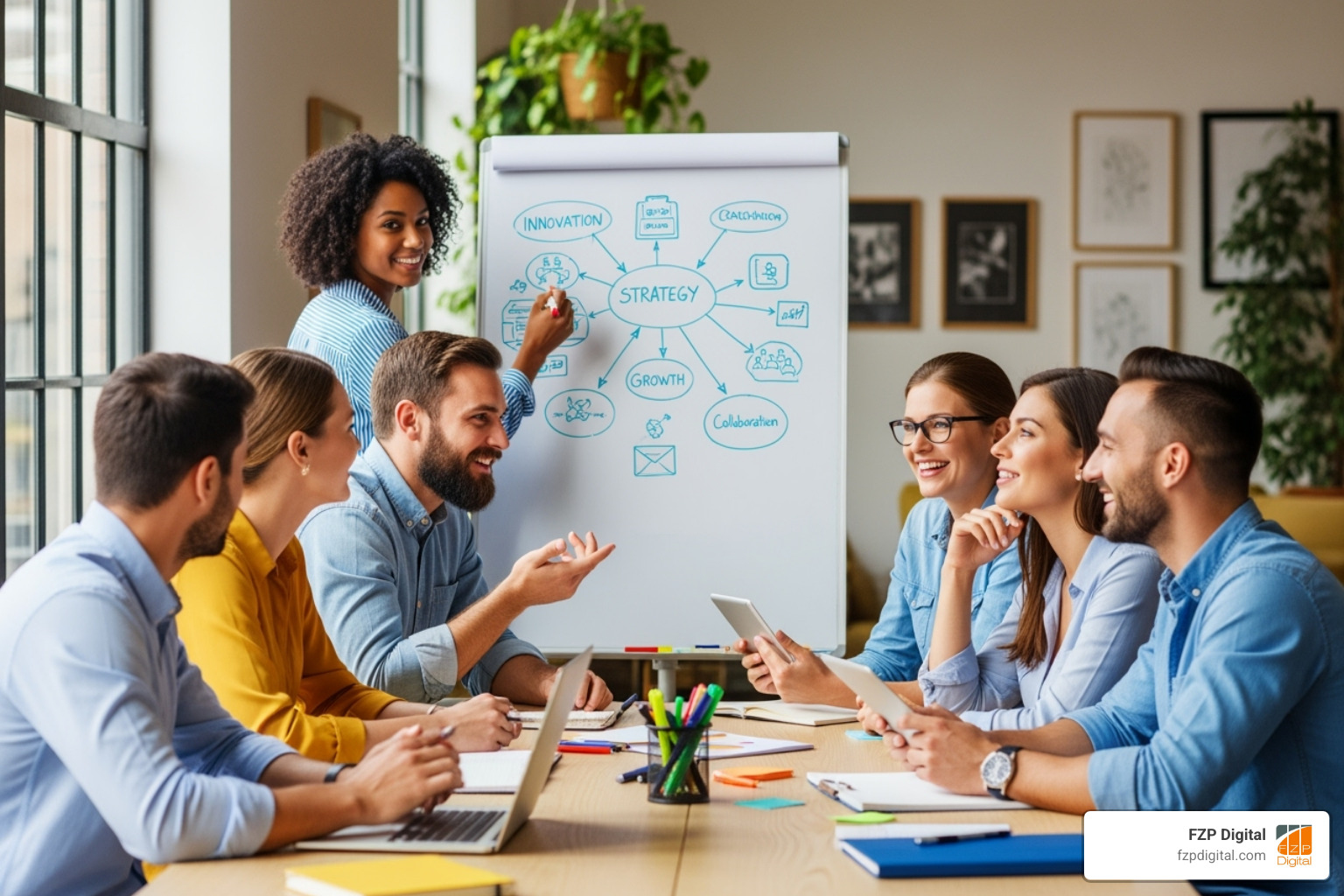 A friendly, diverse group of people engaged in a collaborative discussion, possibly a client consultation, with someone sketching ideas on a whiteboard in the background - graphic design companies in philadelphia