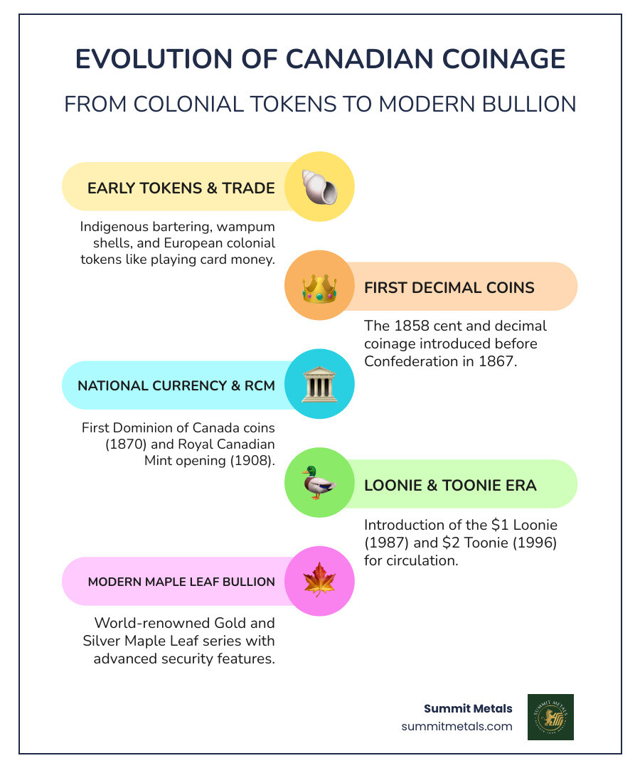 Infographic showing the evolution of Canadian coinage from 1858 Province of Canada cent through colonial period tokens, Confederation coins, introduction of the Loonie in 1987, Toonie in 1996, and modern Maple Leaf bullion series with security features - canada coins infographic infographic-line-5-steps-colors
