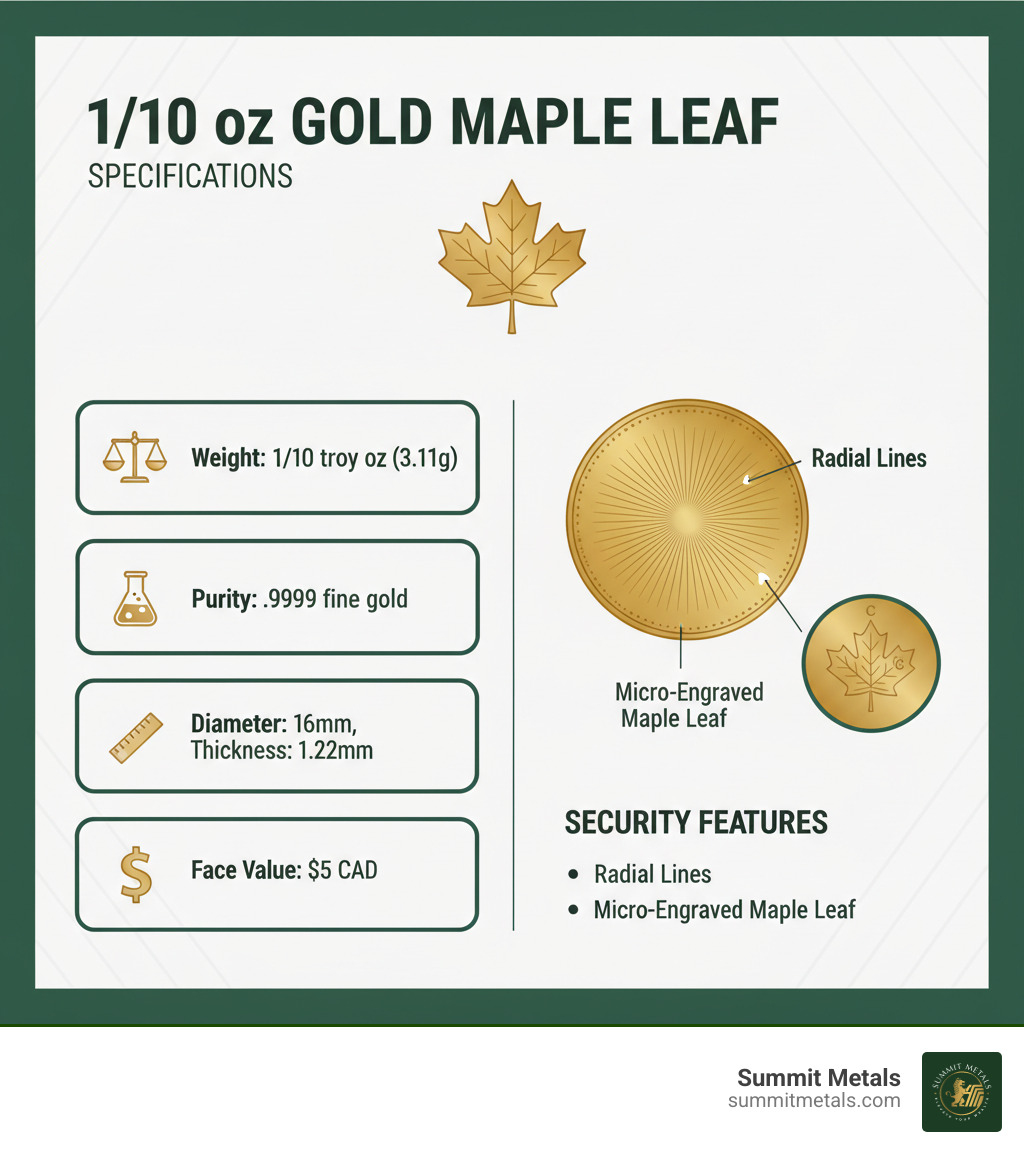 Infographic showing 1/10 oz Gold Maple Leaf specifications: Weight 1/10 troy oz (3.11g), Purity .9999 fine gold, Diameter 16mm, Thickness 1.22mm, Face Value $5 CAD, and key security features including radial lines and micro-engraved maple leaf - 1 10 oz gold maple leaf infographic 
