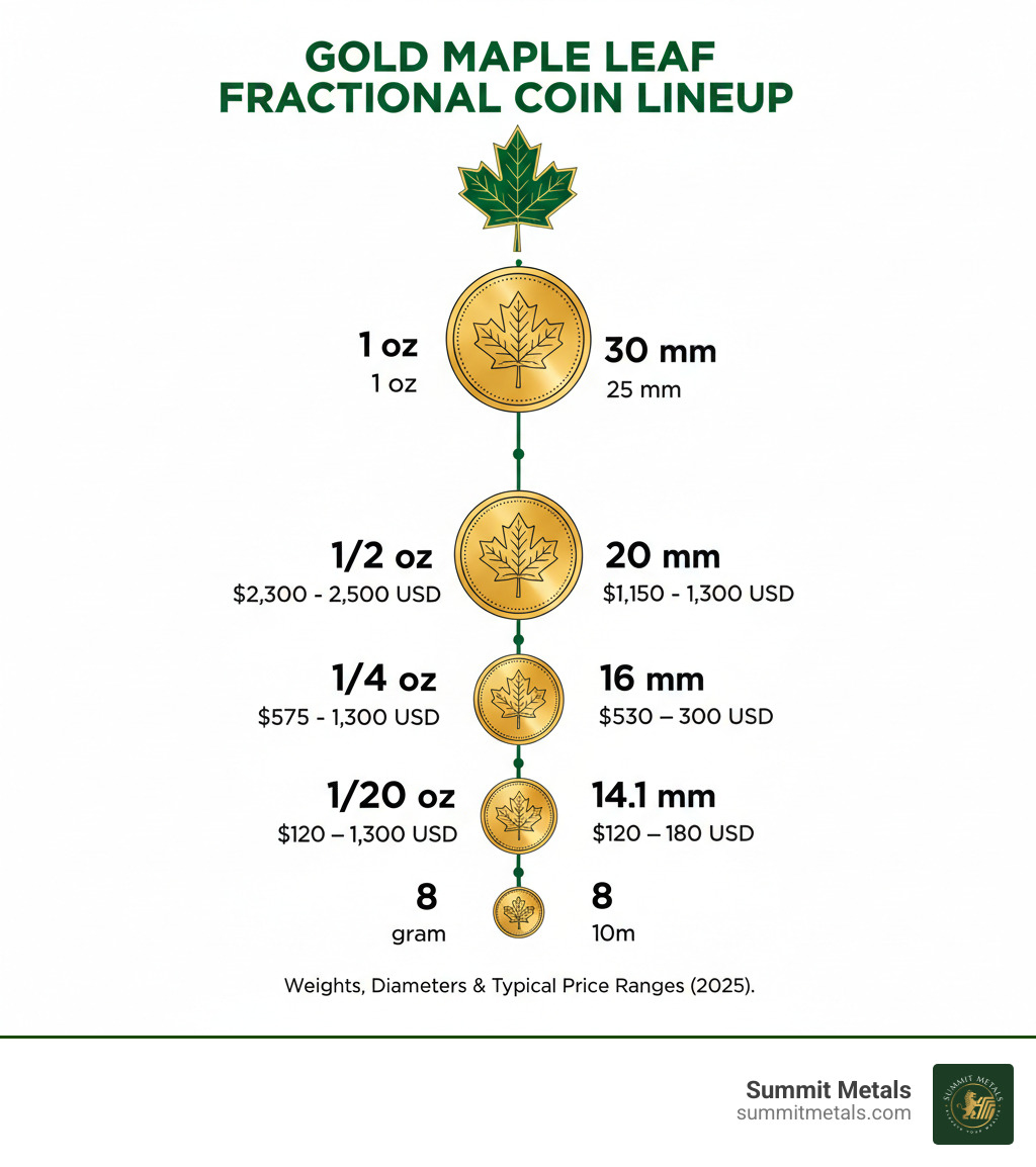 Infographic showing the complete Gold Maple Leaf fractional coin lineup from 1 oz down to 1/20 oz, with weights, diameters, and typical price ranges for each denomination - 1 20 maple leaf gold coin infographic  Infographic showing the complete Gold Maple Leaf fractional coin lineup from 1 oz down to 1/20 oz, with weights, diameters, and typical price ranges for each denomination - 1 20 maple leaf gold coin infographic