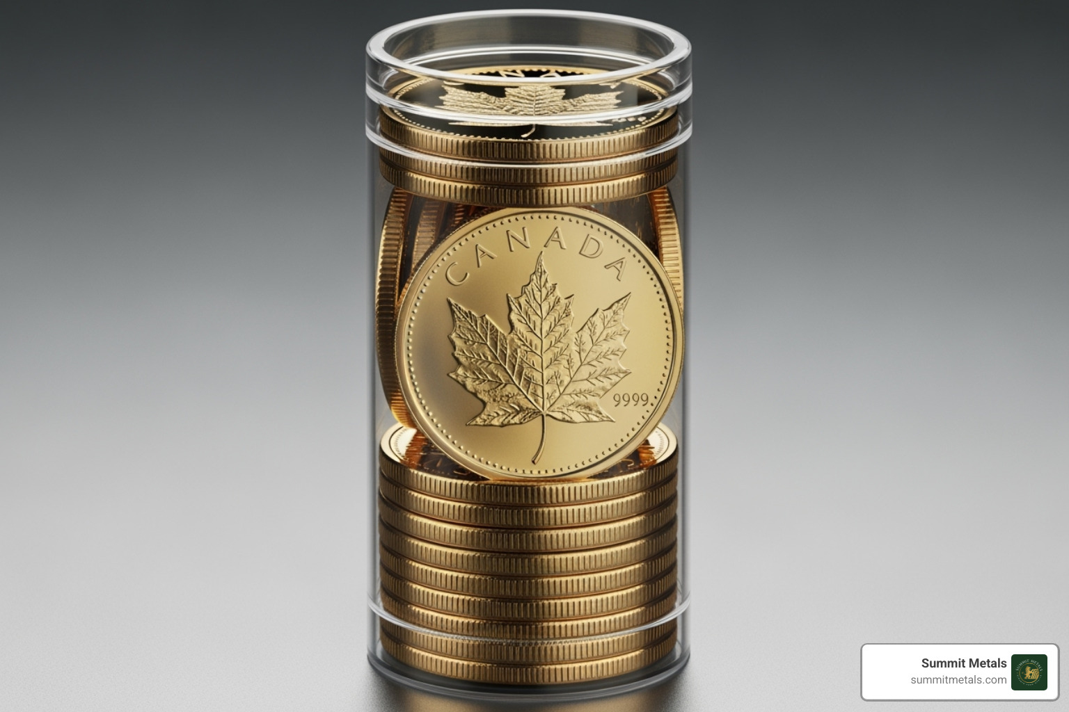 Image of a tube of 1/20 oz Gold Maple Leaf coins - 1 20 maple leaf gold coin Image of a tube of 1/20 oz Gold Maple Leaf coins - 1 20 maple leaf gold coin