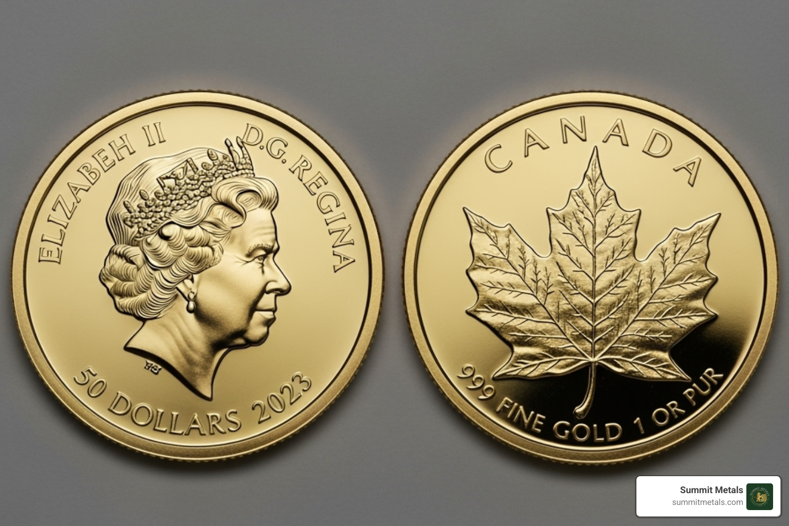 Obverse and reverse sides of a Canadian Gold Maple Leaf coin, showcasing the monarch's portrait and the iconic maple leaf design - gold maple leaf canada