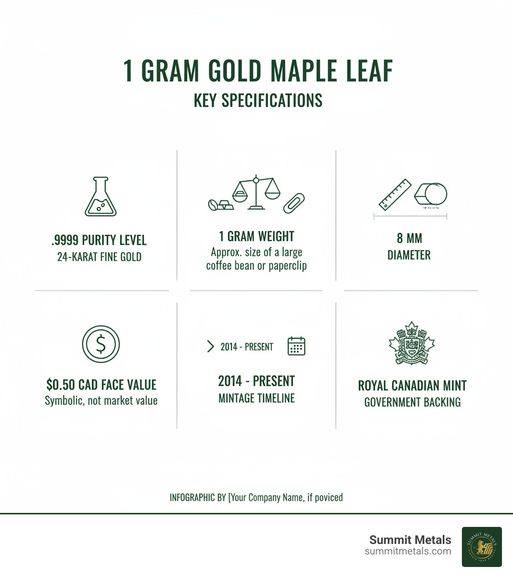 Detailed infographic showing 1 gram Gold Maple Leaf specifications: .9999 purity level, 1 gram weight comparison to common objects, 8mm diameter scale, $0.50 CAD face value significance, 2014-present mintage timeline, and Royal Canadian Mint government backing - 1 gram maple leaf gold coin infographic 