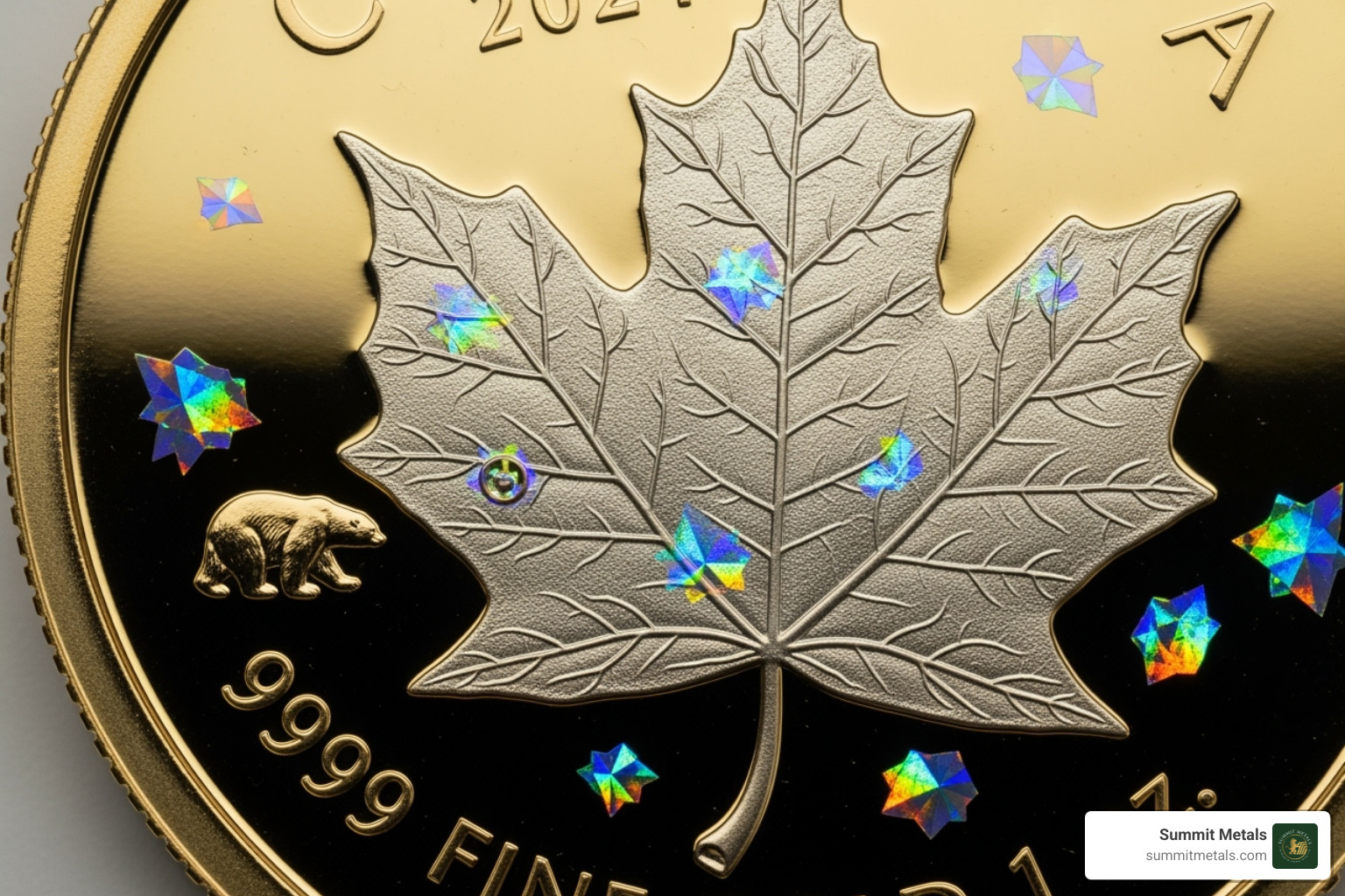 Special edition Gold Maple Leaf, like a privy-marked or holographic coin, showcasing intricate design and unique features - gold maple leaf canada