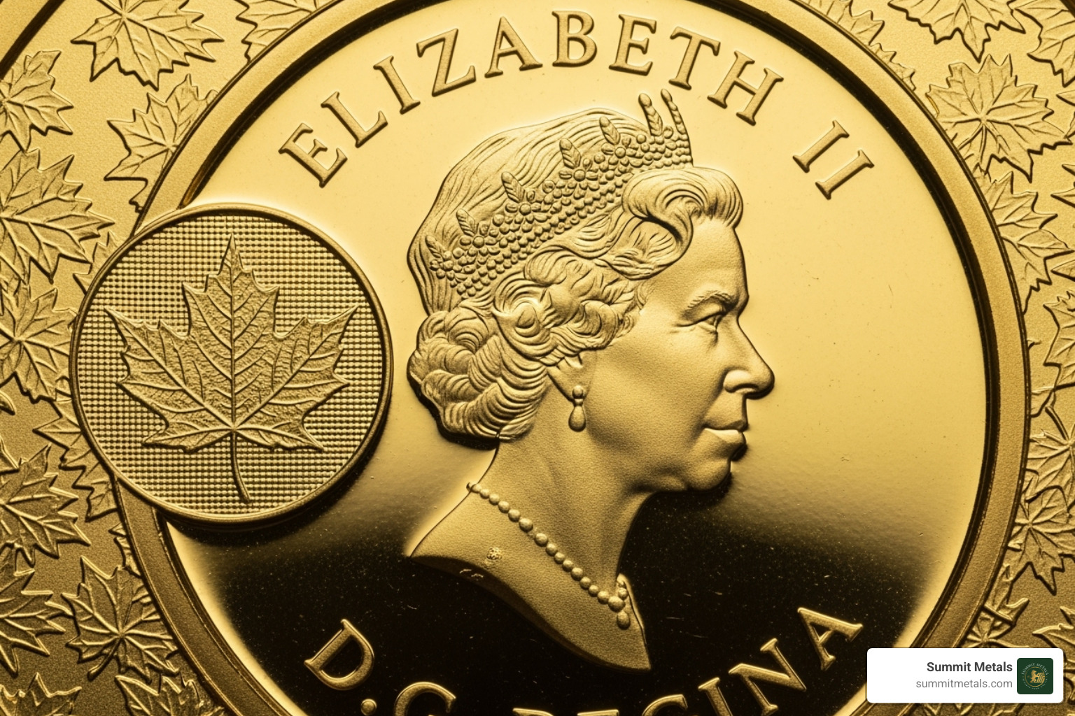 Image of the coin's security features, with a magnified inset showing the micro-engraved maple leaf - 1 20 maple leaf gold coin Image of the coin's security features, with a magnified inset showing the micro-engraved maple leaf - 1 20 maple leaf gold coin