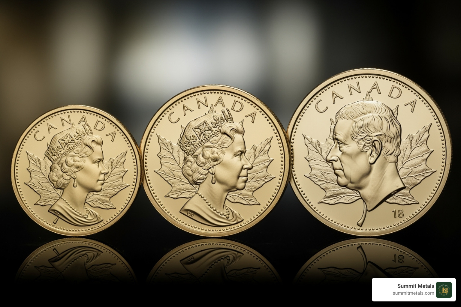Image showing the evolution of the monarch's effigy on the coin, from a young Queen Elizabeth II to King Charles III - 1 10 oz gold maple leaf
