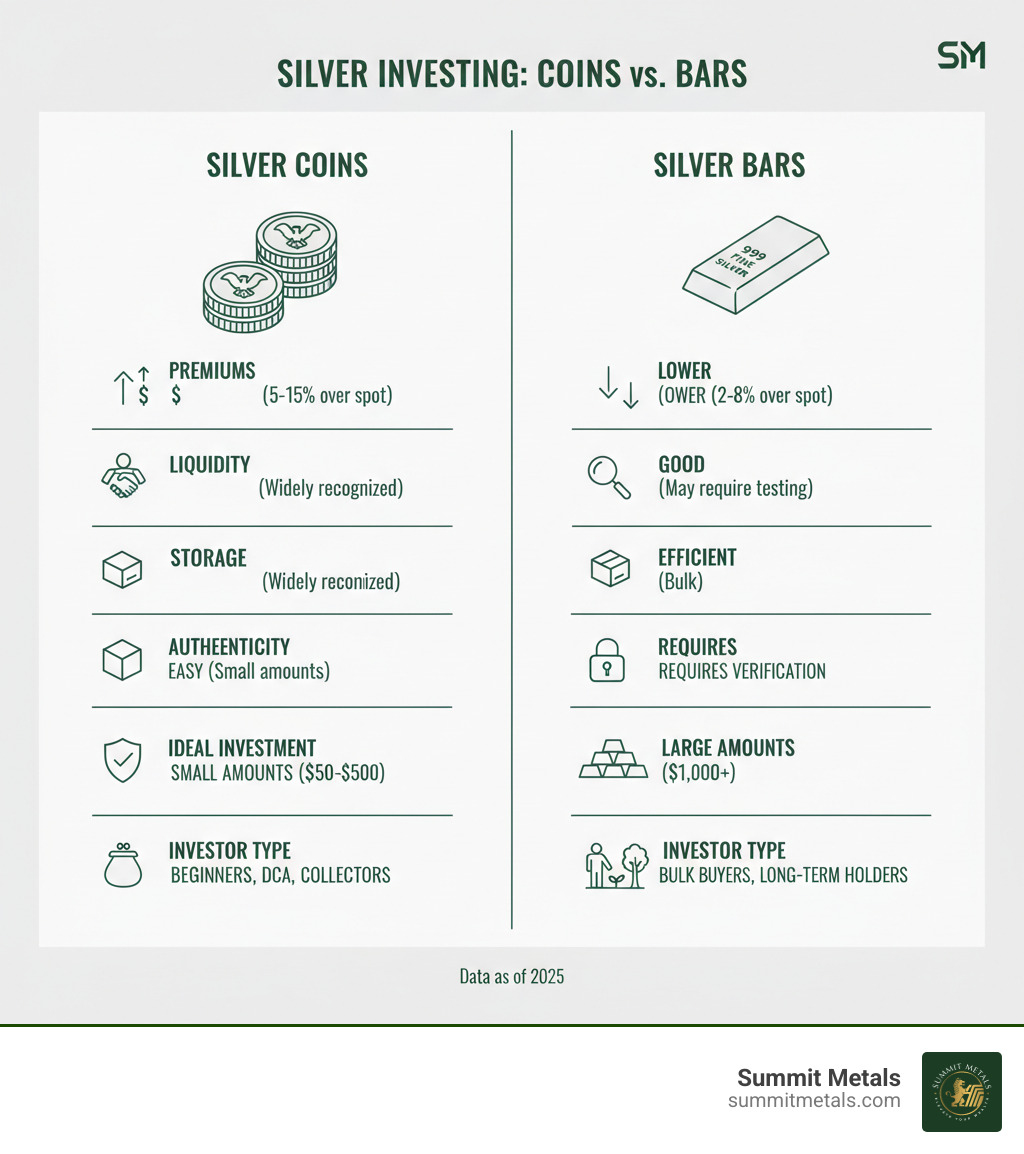 Comprehensive comparison infographic showing silver coins versus bars with detailed breakdown of premiums, liquidity levels, storage requirements, authenticity verification methods, ideal investment amounts, and recommended investor types for each option - buying silver coins or bars which is better infographic 