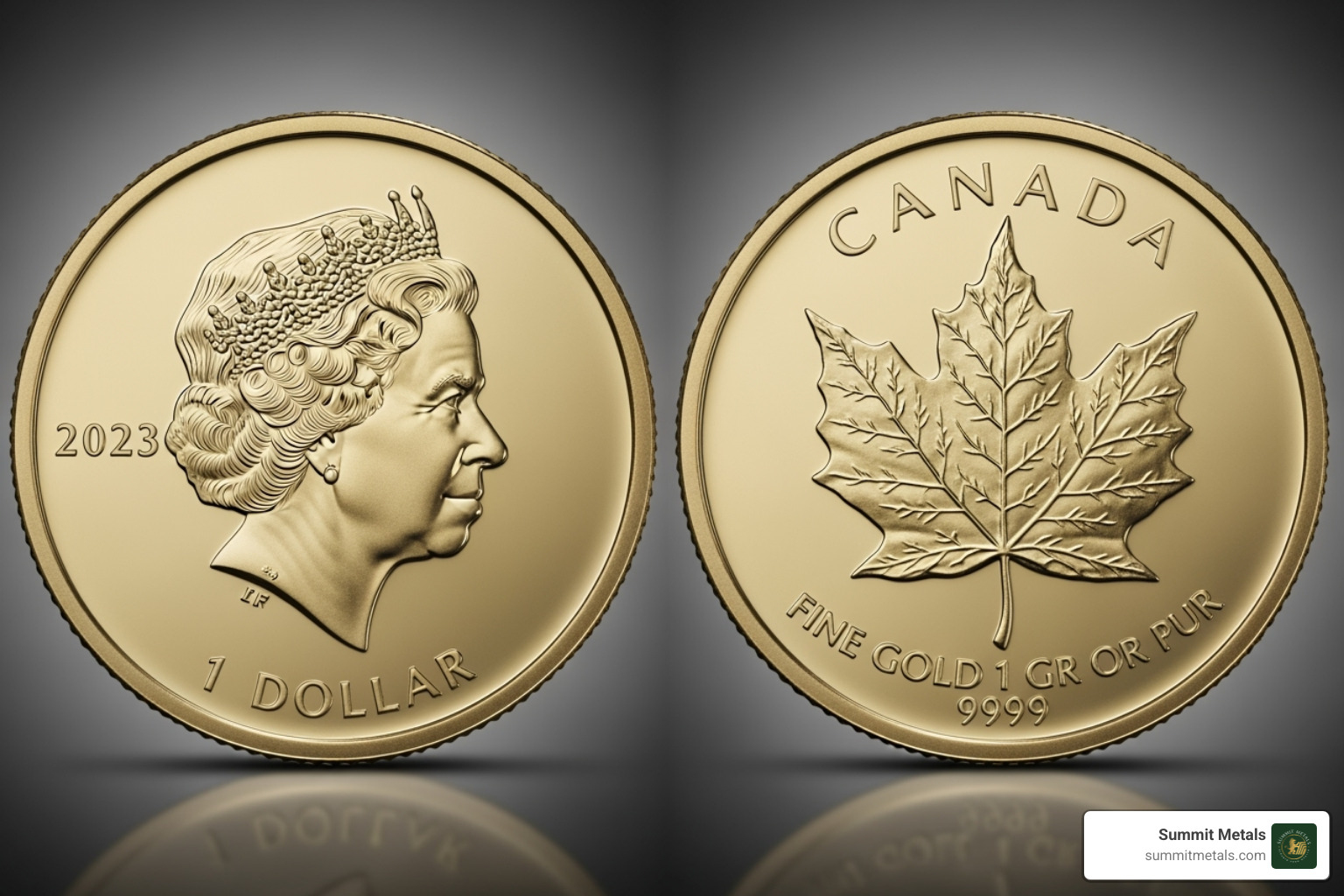 Close-up of obverse and reverse of a 1 gram Gold Maple Leaf coin - 1 gram maple leaf gold coin