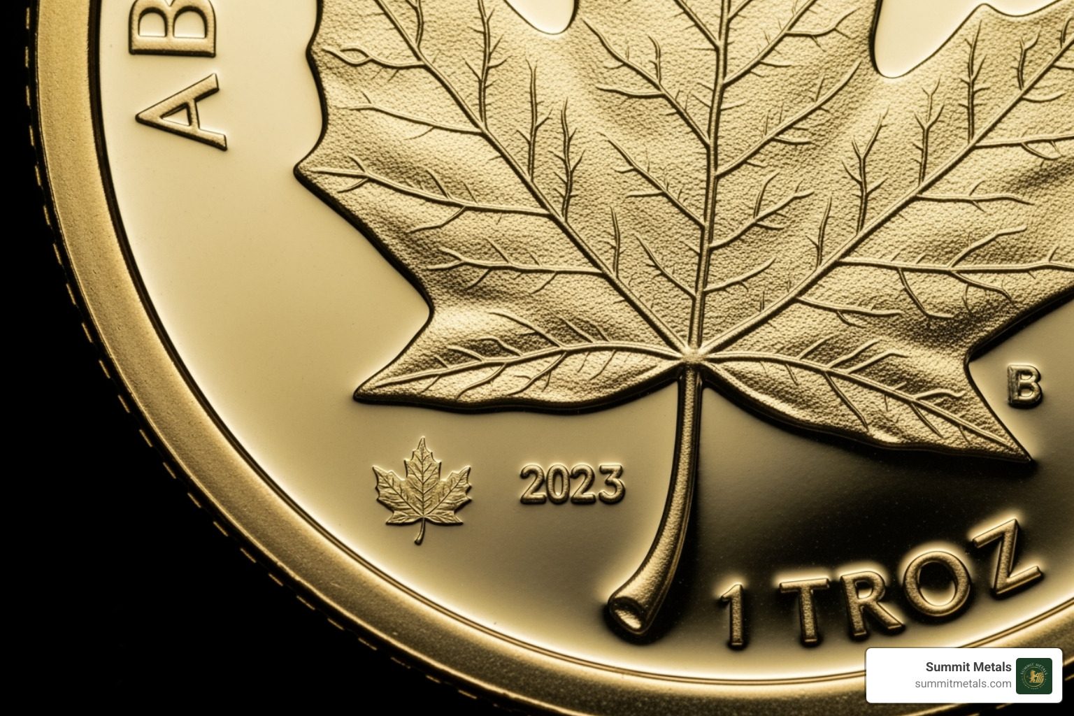 Close-up image of the laser-engraved security feature on a Golden Maple Leaf coin, showing the micro-engraved maple leaf with the year digits - golden maple leaf coin